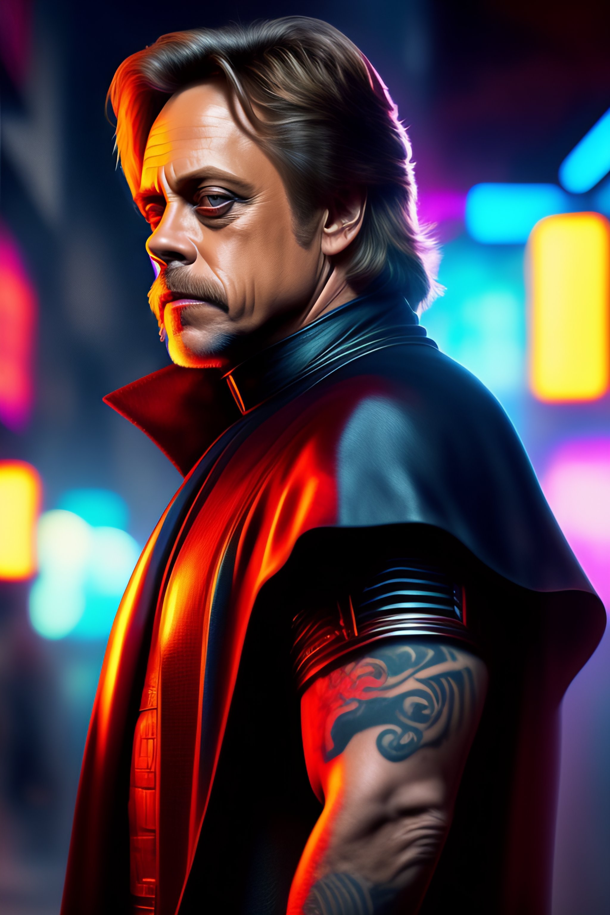 Lexica - Mark Hamill as a dark jedi with a red lightsaber, tattoed ...