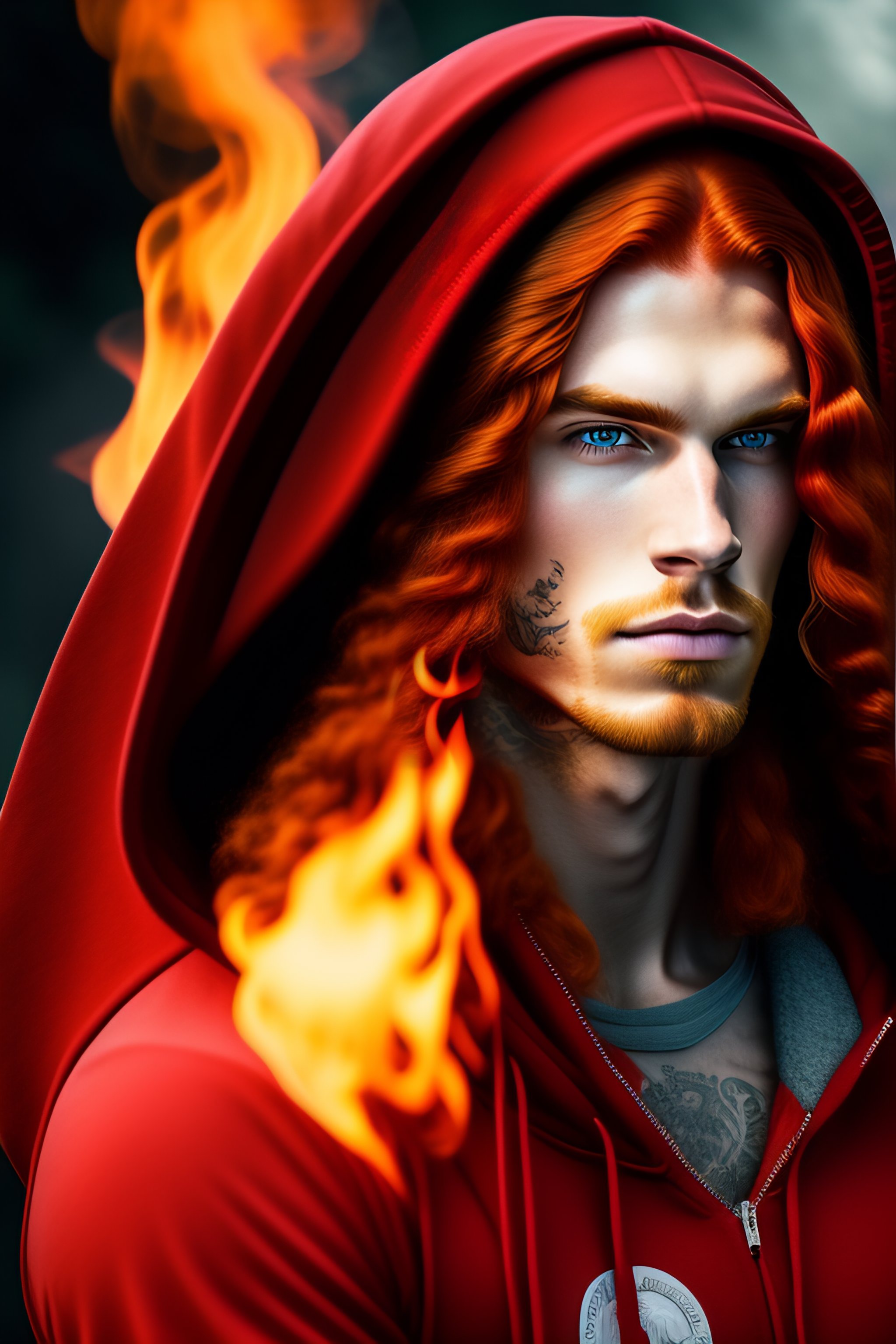 Lexica - Young man, long red hair, hoodie, fire power in his hand, piercing  and tattoo, image size:2048x3072