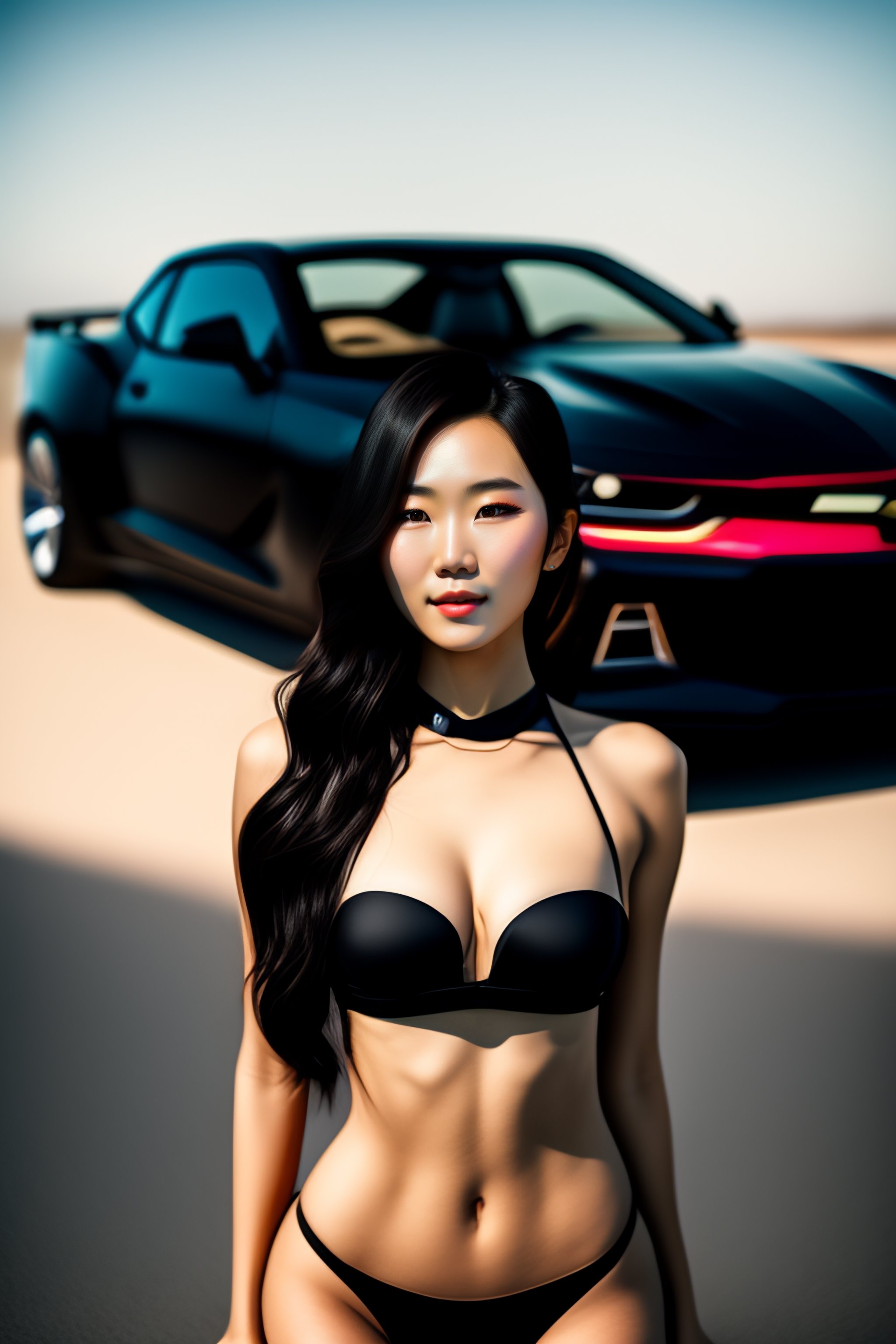 Lexica Beautiful Korean girl in a black swimsuit next to a