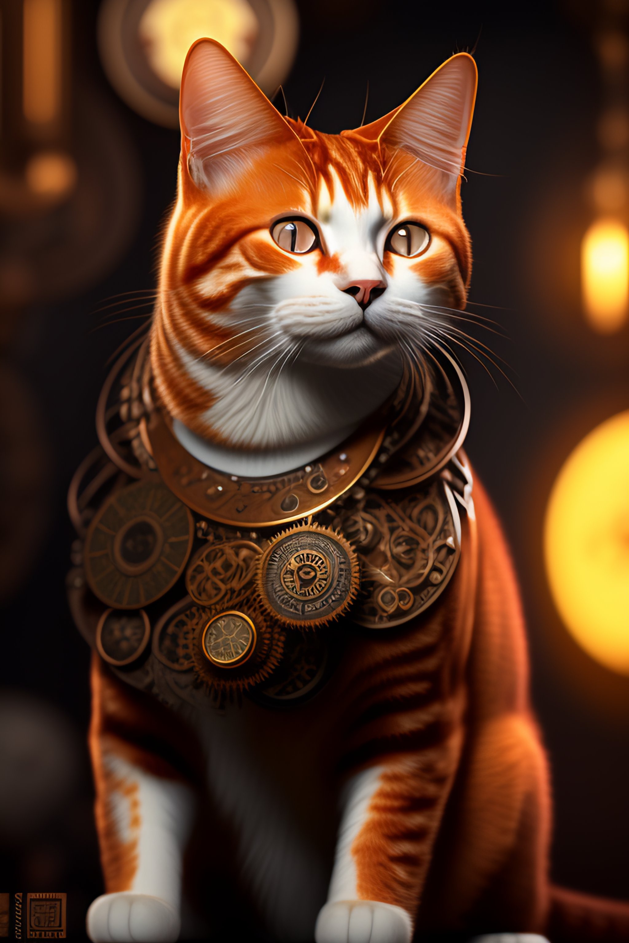 Lexica Portrait of a steampunk ginger cat made of rusty clocks, gadgets and tools dramatic