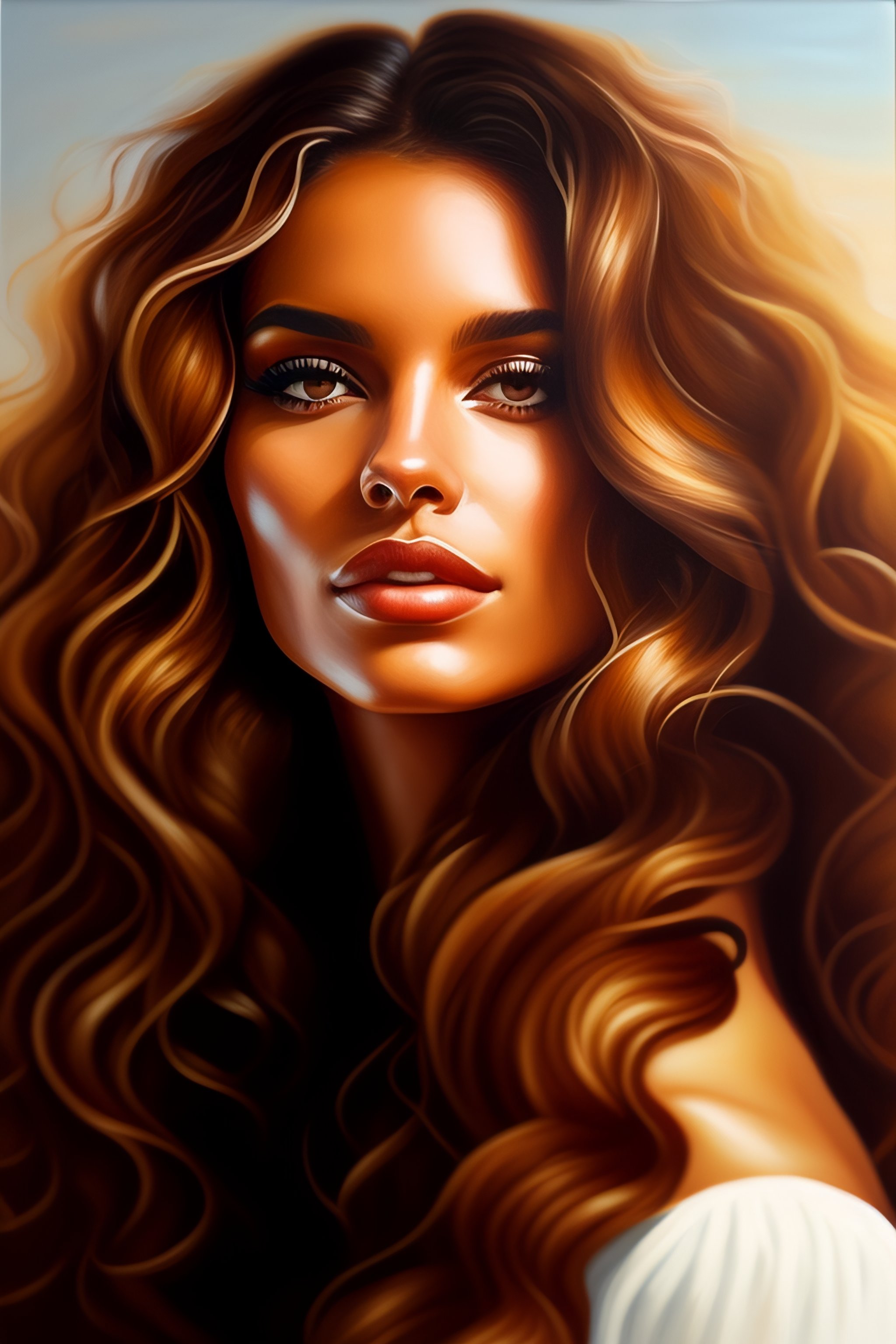 Lexica - Paint a realistic portrait of a woman with long, curly hair in ...