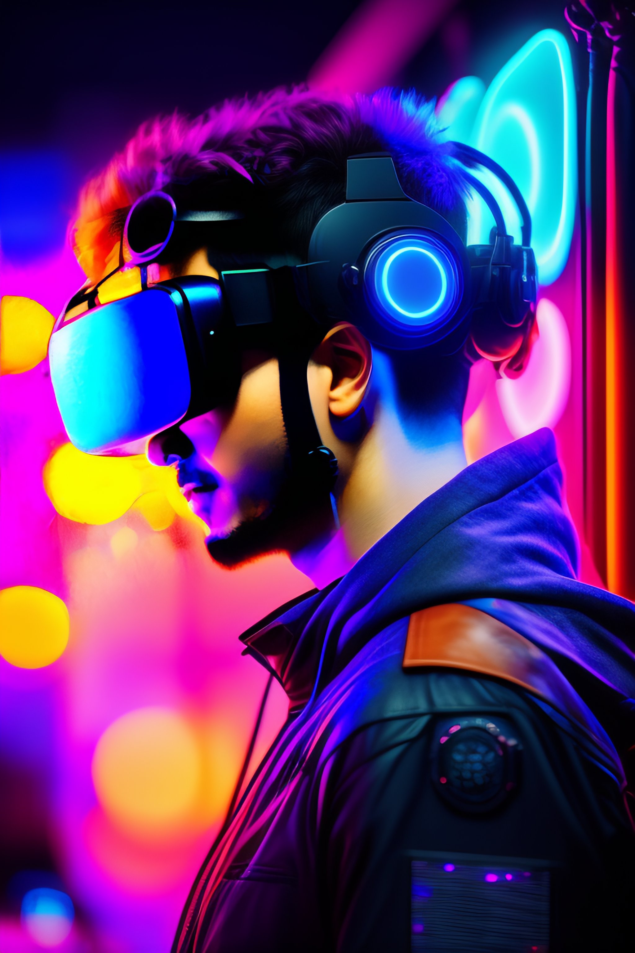 Lexica - A cyberpunk Gamer wearing VR headset floating out of gaming ...