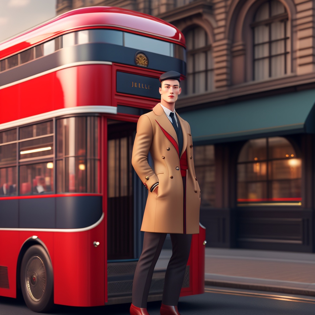 Lexica - Sharply dressed man boards a double decker Red bus in London ...
