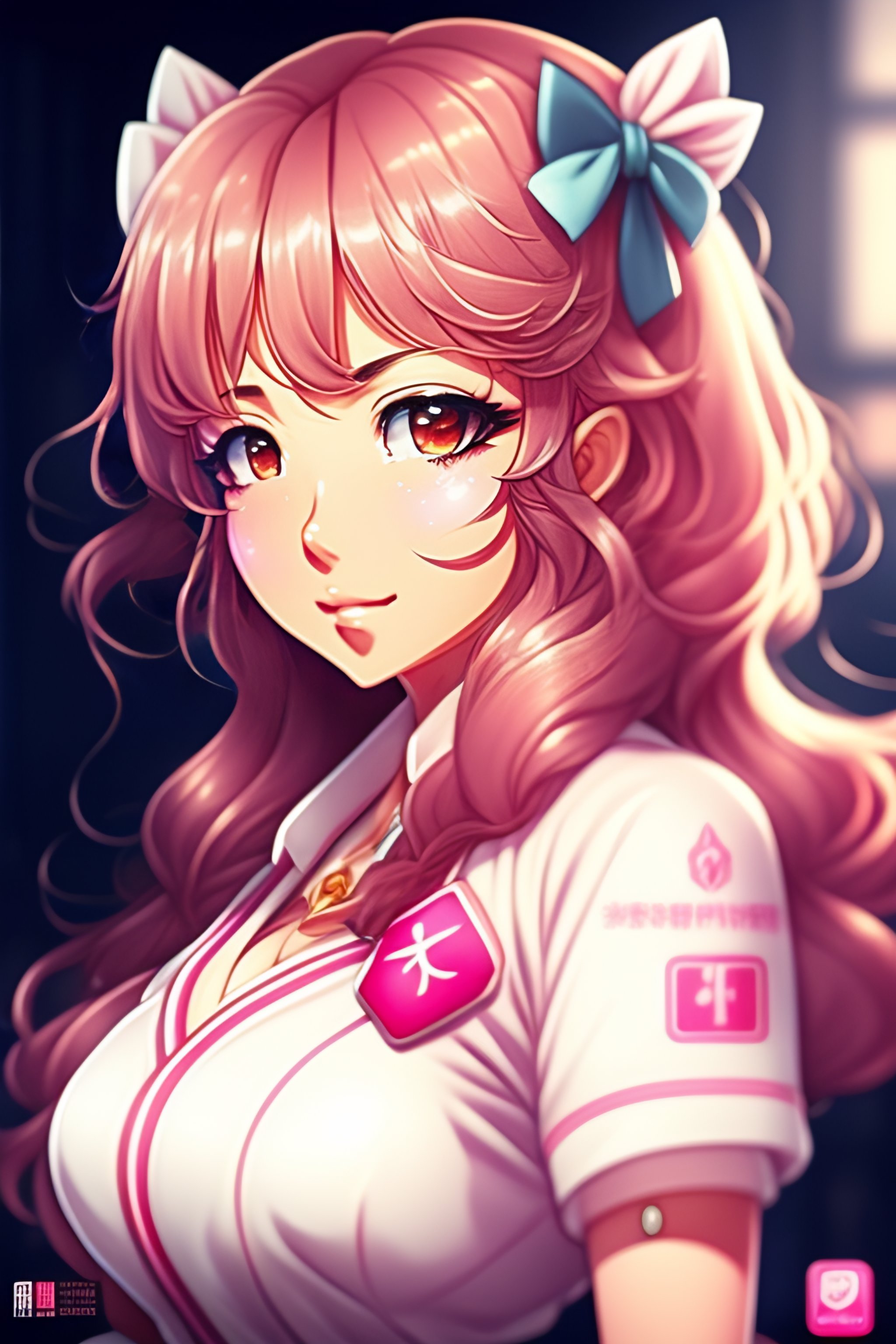 Lexica Anime Style Portrait Shot Pin Up Anime Beautiful Flirty Thick Pink Colored Wavy Hair 