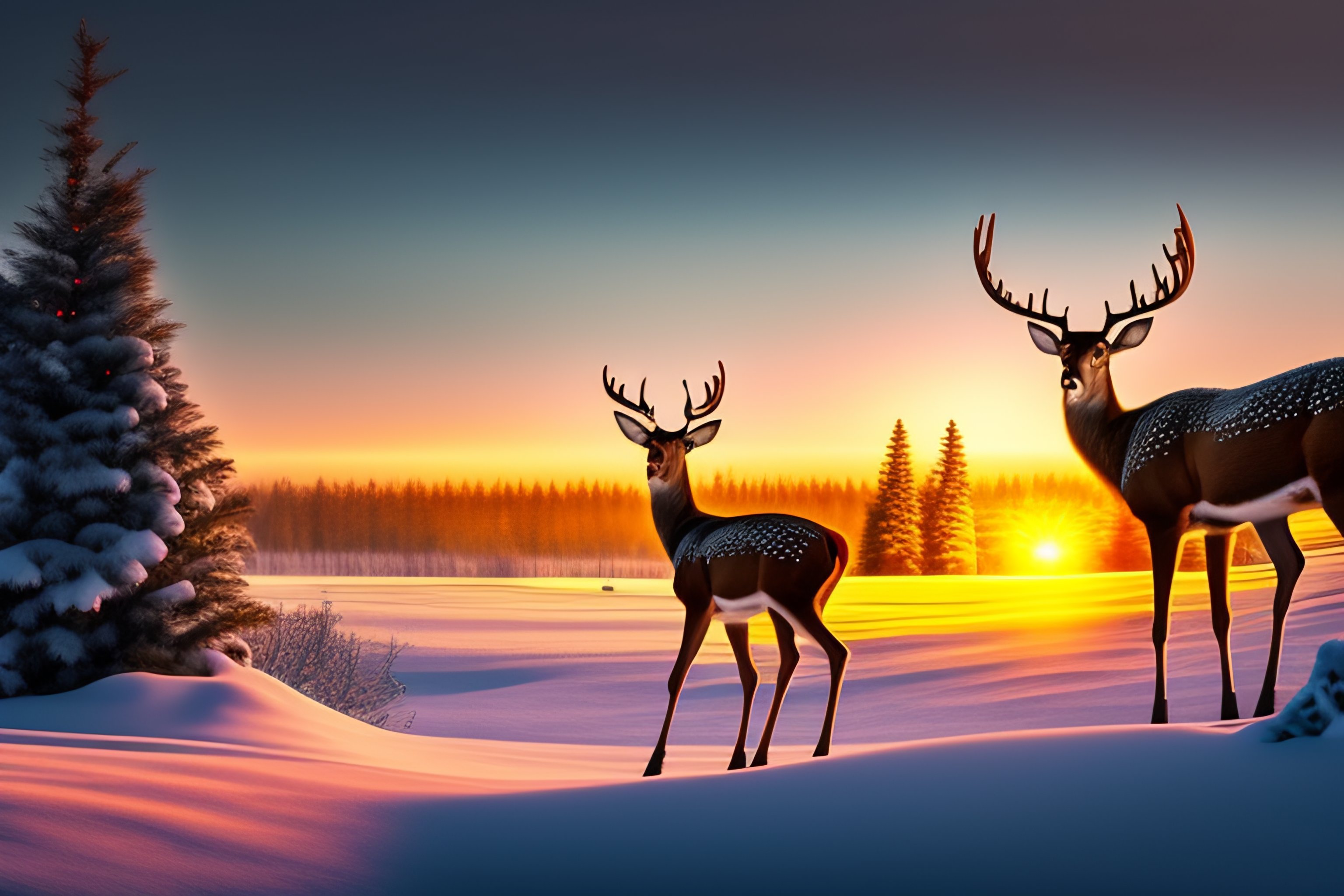Lexica - Winter landscape at sunrise, with Christmas tree with majestic ...