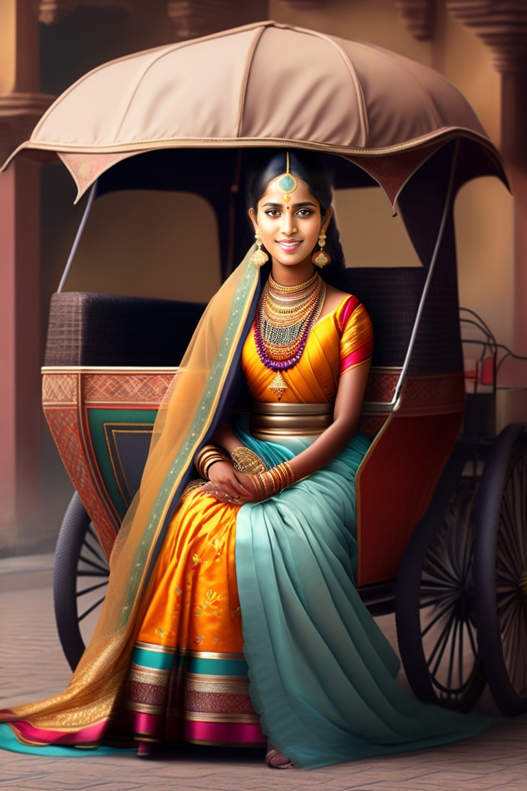 Lexica - Indian girl wearing saree, sitting in rickshaw