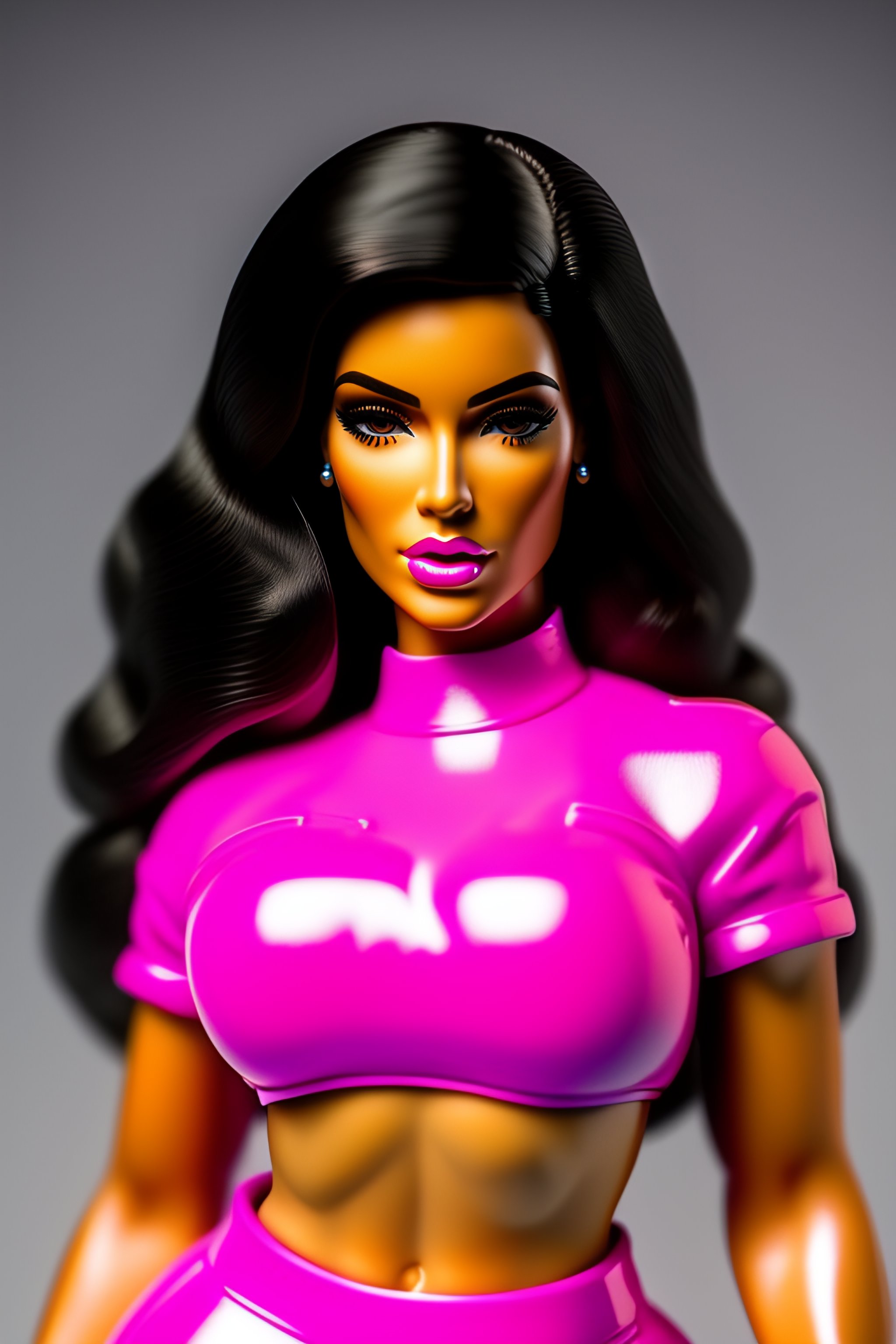 Lexica - Kim kardashian barbie doll, plastic smooth, tight abs, hot pink  outfit, product photography 1990