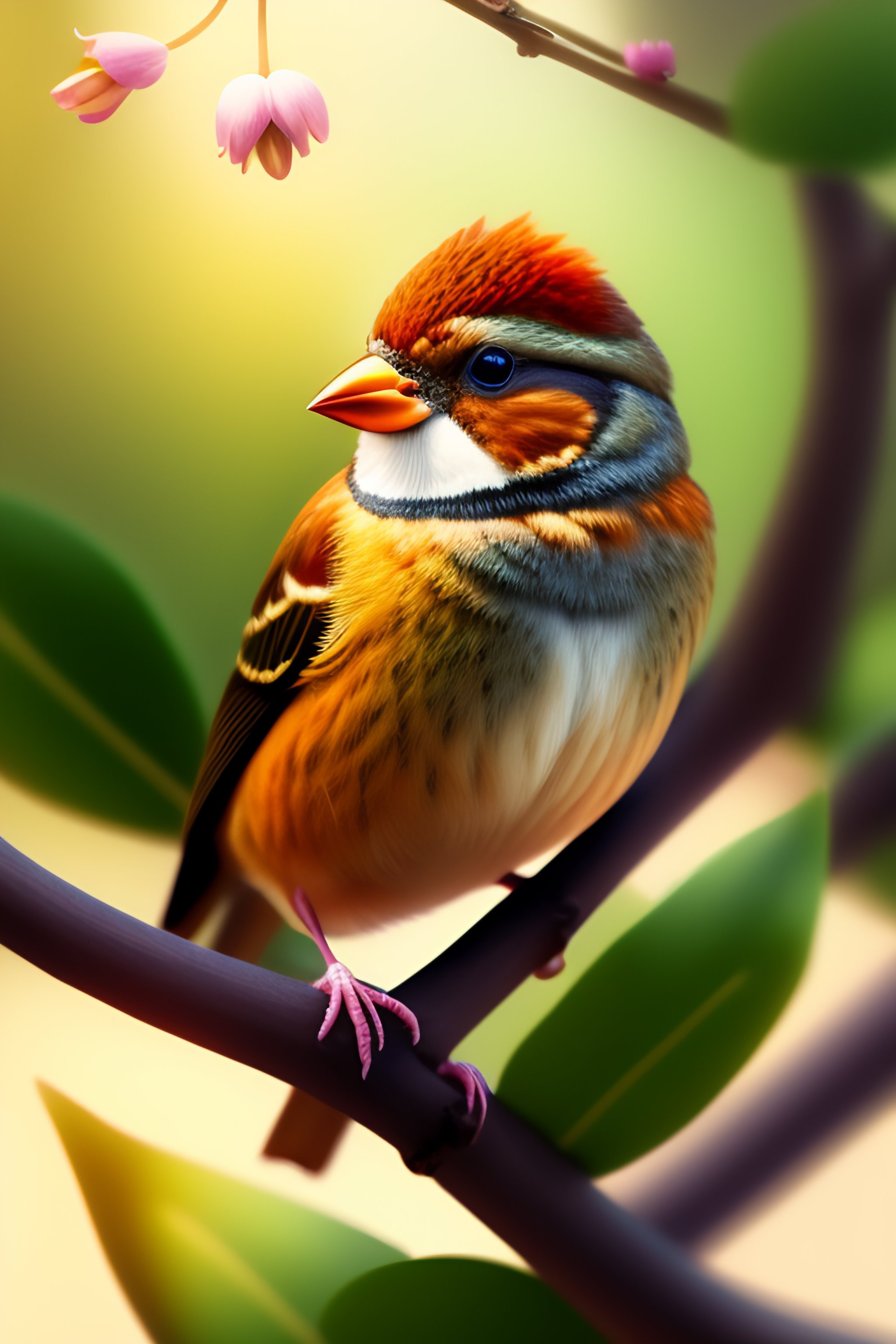 Lexica - A tiny finch on a branch with spring flowers on background:1.0 ...