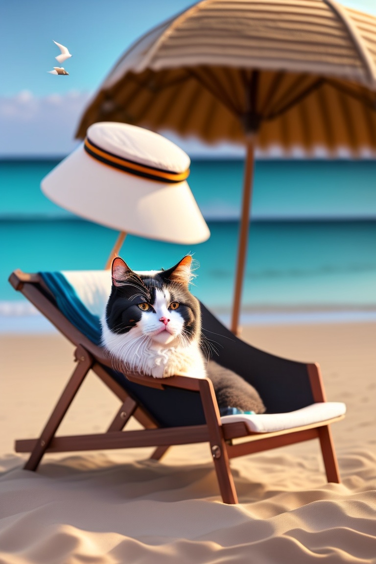Lexica - A cool fluffy black and white cat lies on a deckchair on the ...