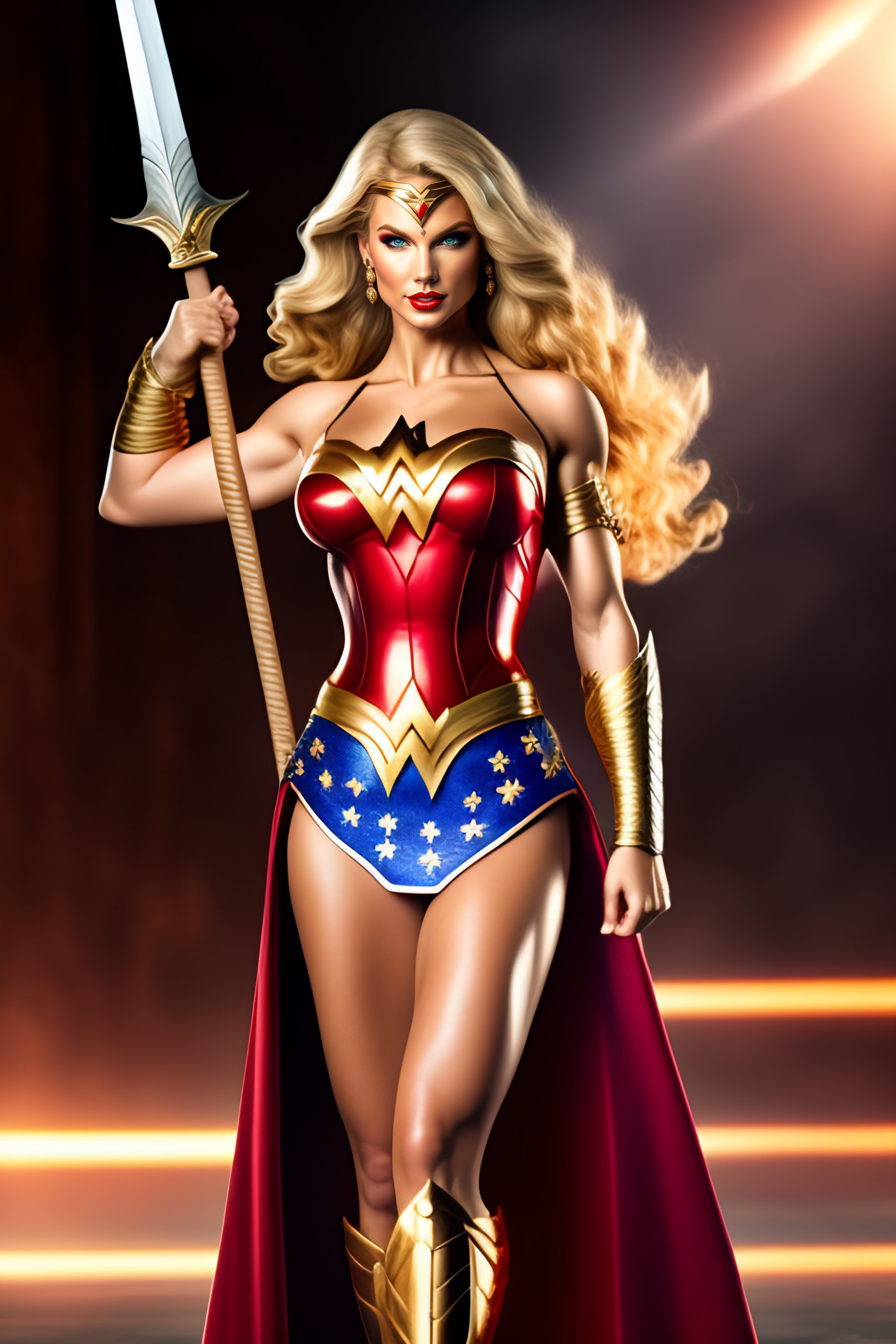 Lexica - Highly detailed full body of taylor swift)),blonde hair, wonder  woman costume, more muscles,fighting pose, holding long sword,global  illumin...