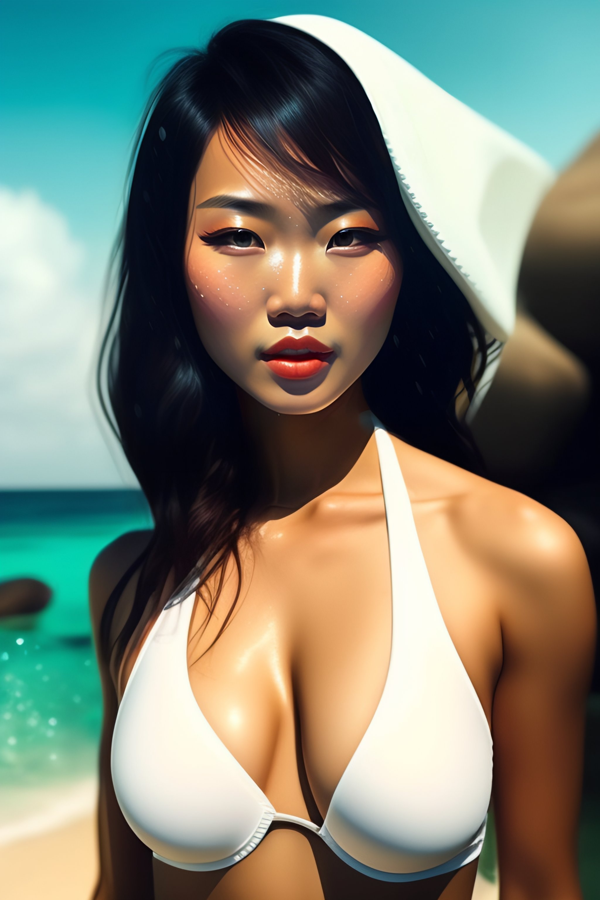 Lexica - Asian beauty, in small wet white bikini dripping sweat all over