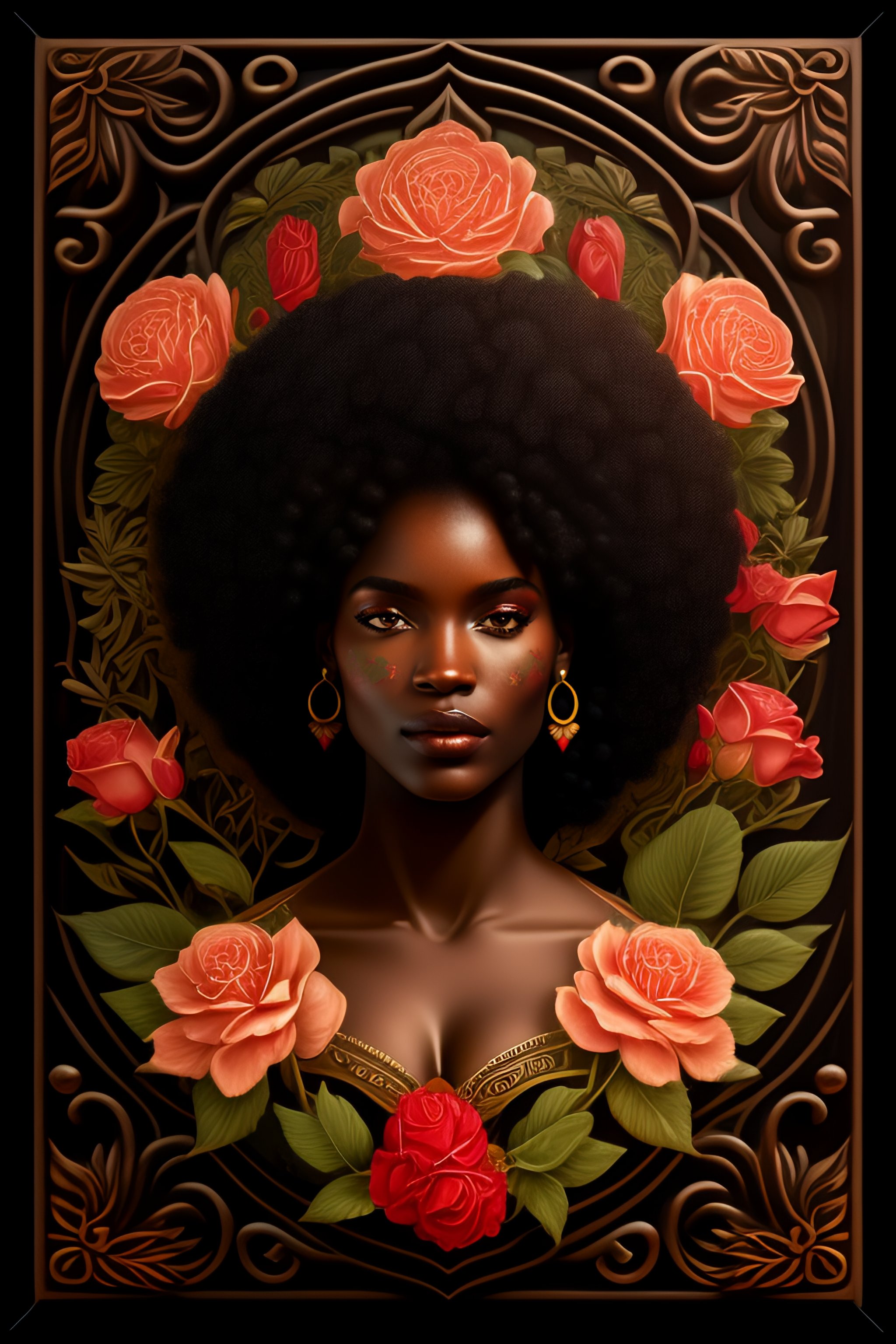 Lexica - A black woman with an afro with classical floral elements ...