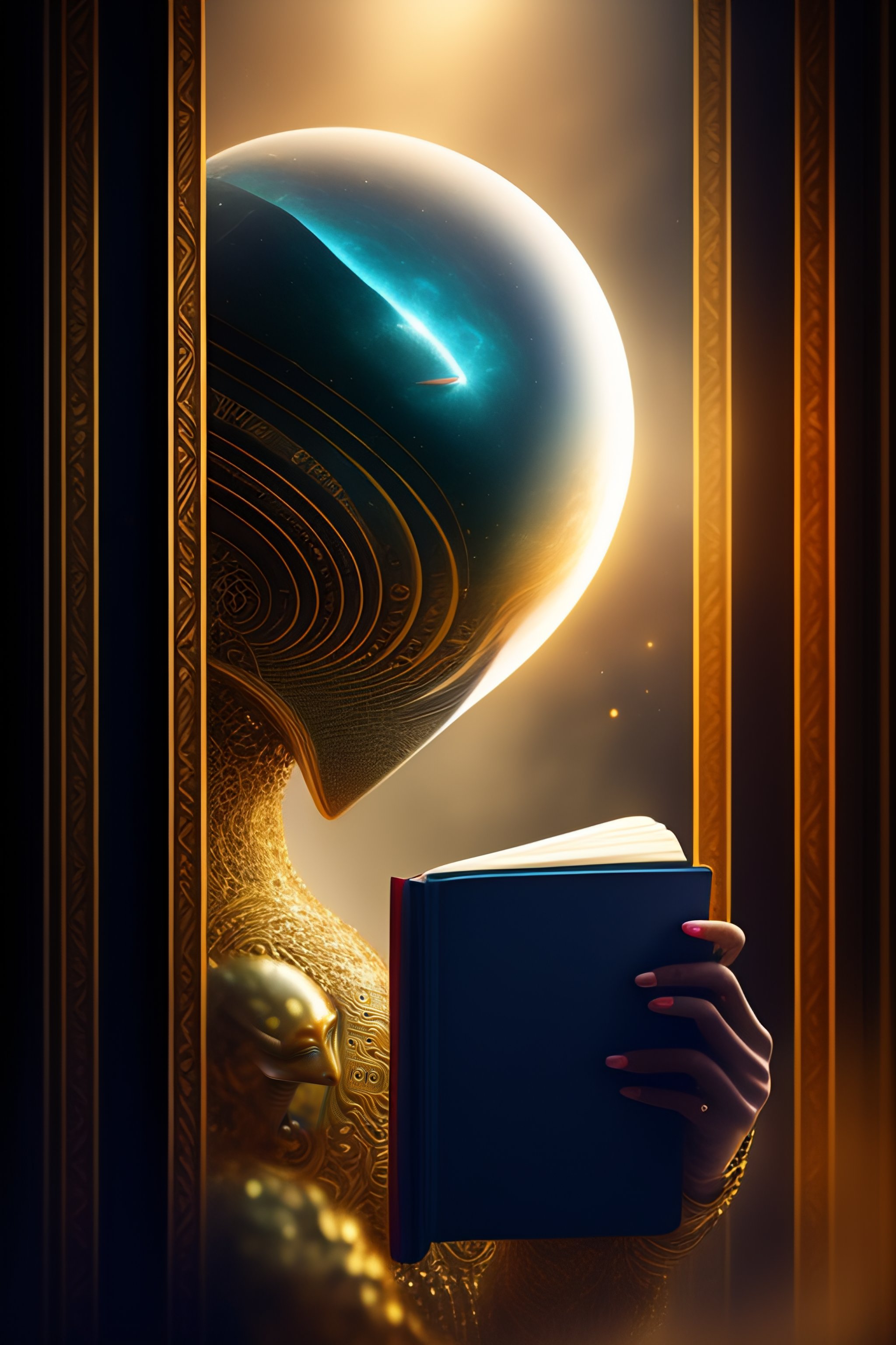 Lexica - A superintelligent alien with a book, the book is coated in ...