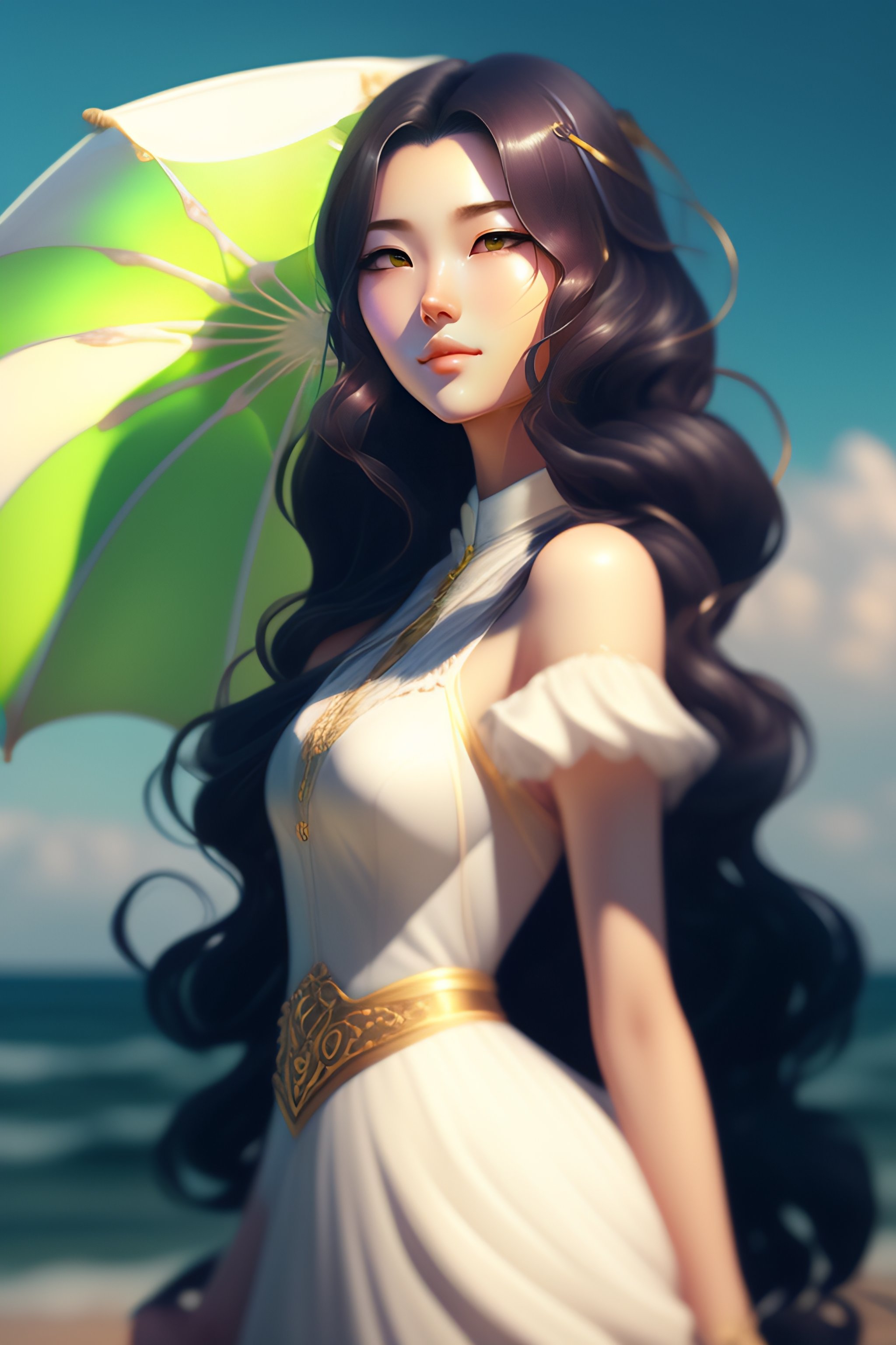 Lexica A Very Beautiful Anime Girl Long Wavy Black Hair Green Eyes Short Smile White Dress 8694