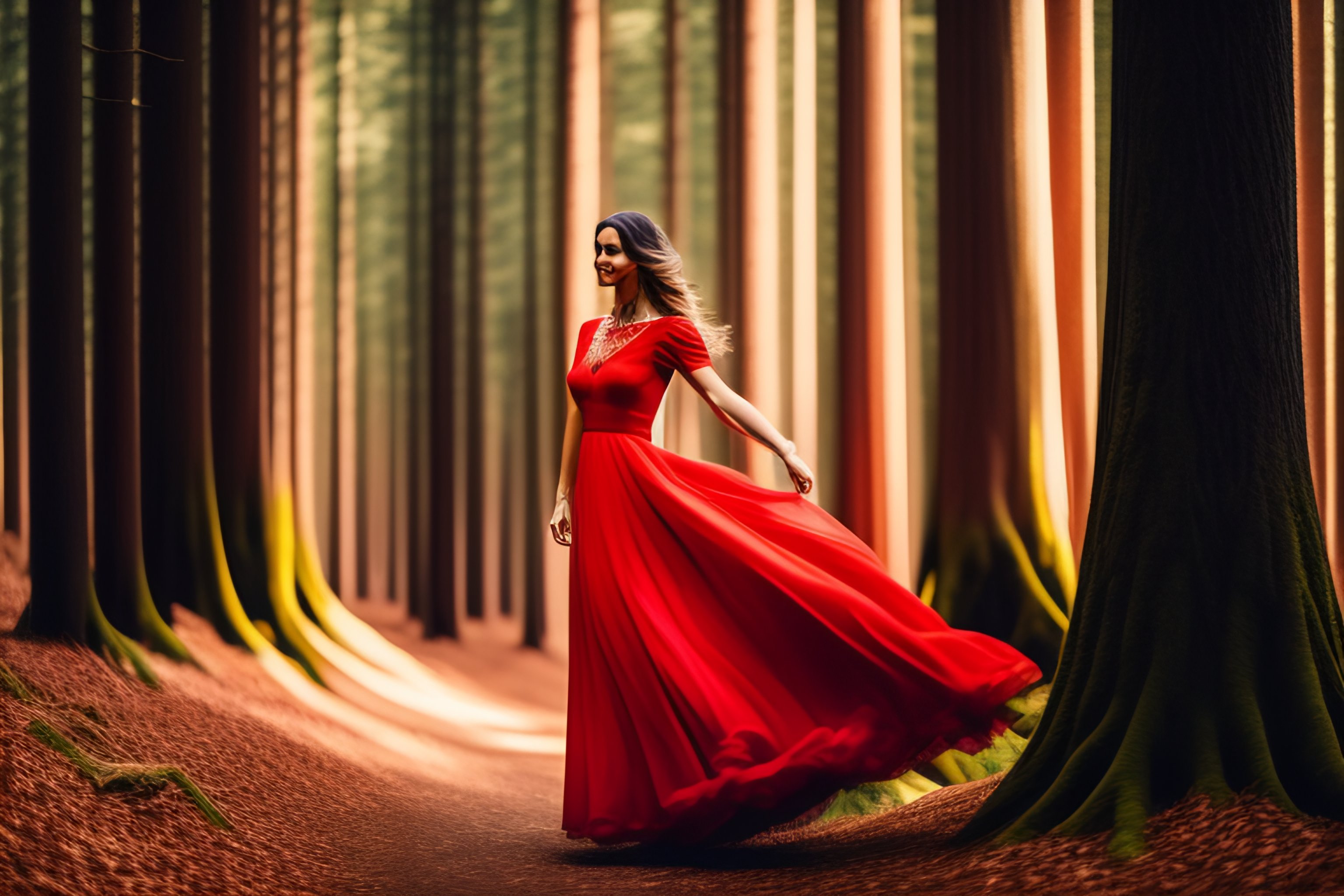 Lexica - Lady in red dress dancing in the forest