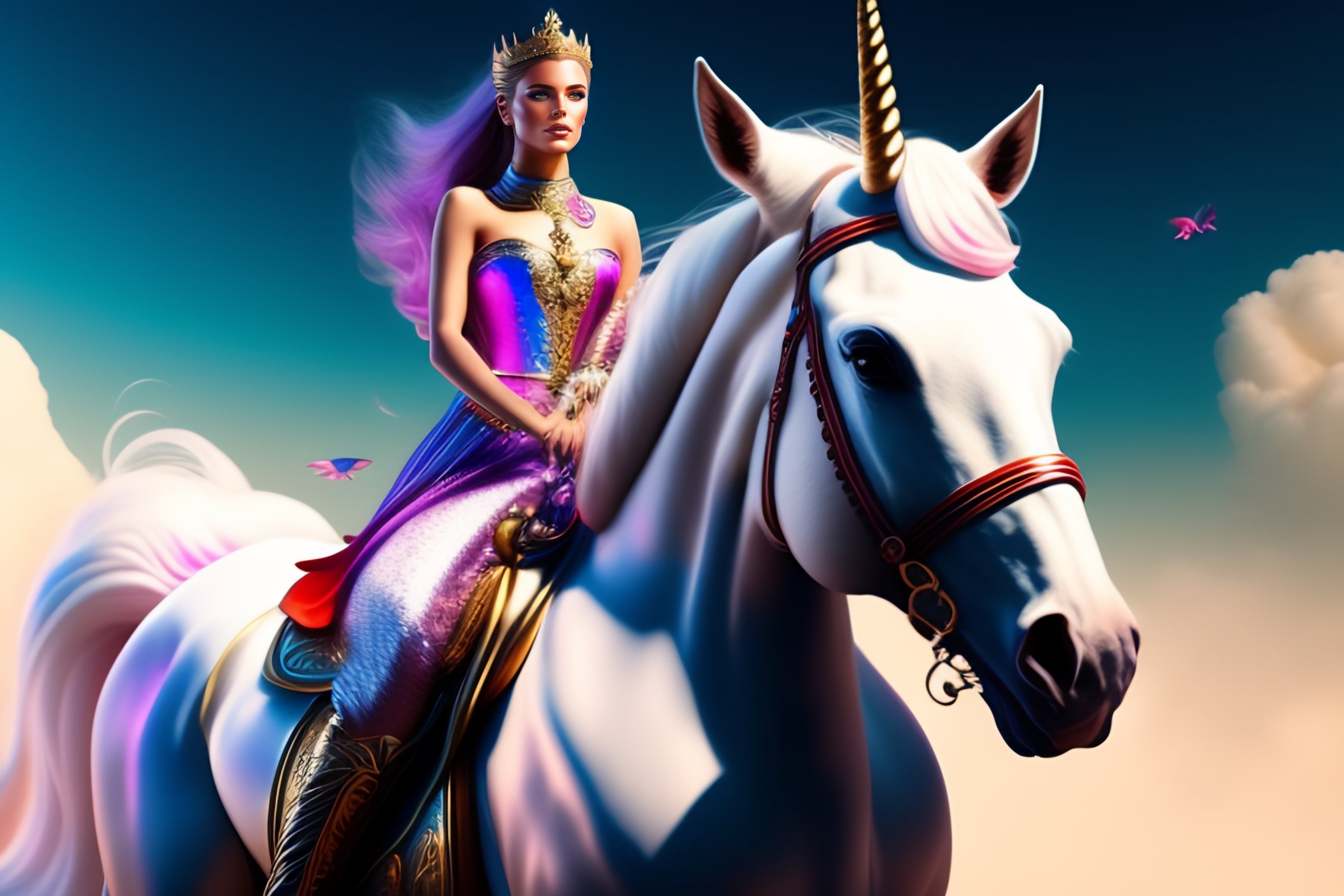 Lexica A badass princess riding a unicorn hyper detailed and hyper realistic like a cover shot from a magazine