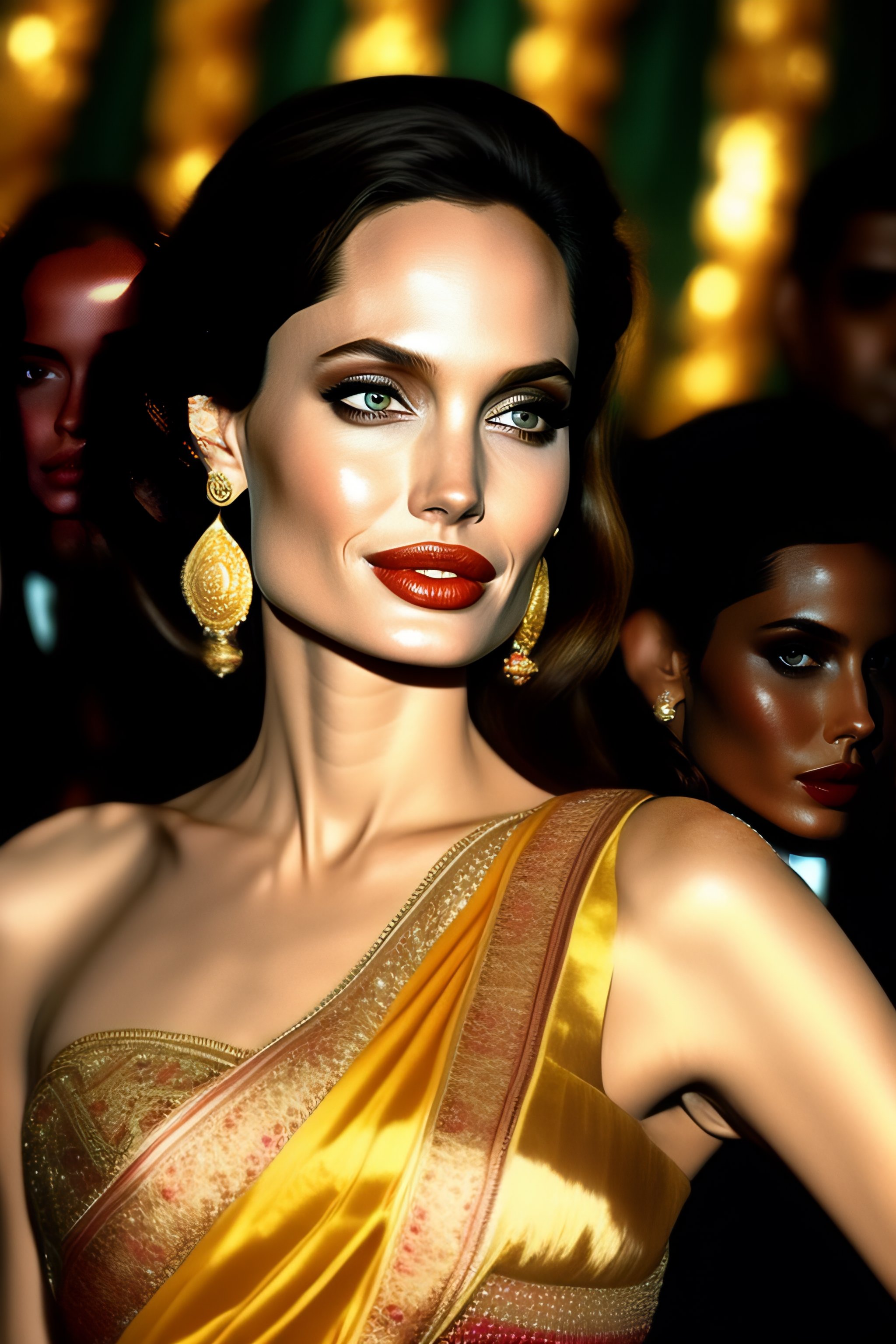 Lexica - Young angelina jolie wearing a saree-beautiful-looking elegant  with a wedding in the background