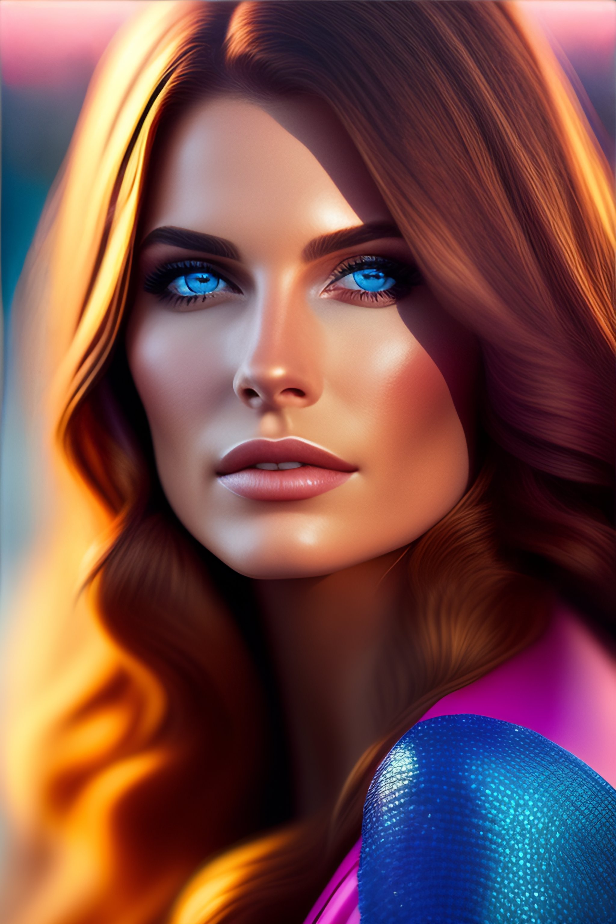 Lexica A lovely women in a pink dress brown hair blue eyes realistic