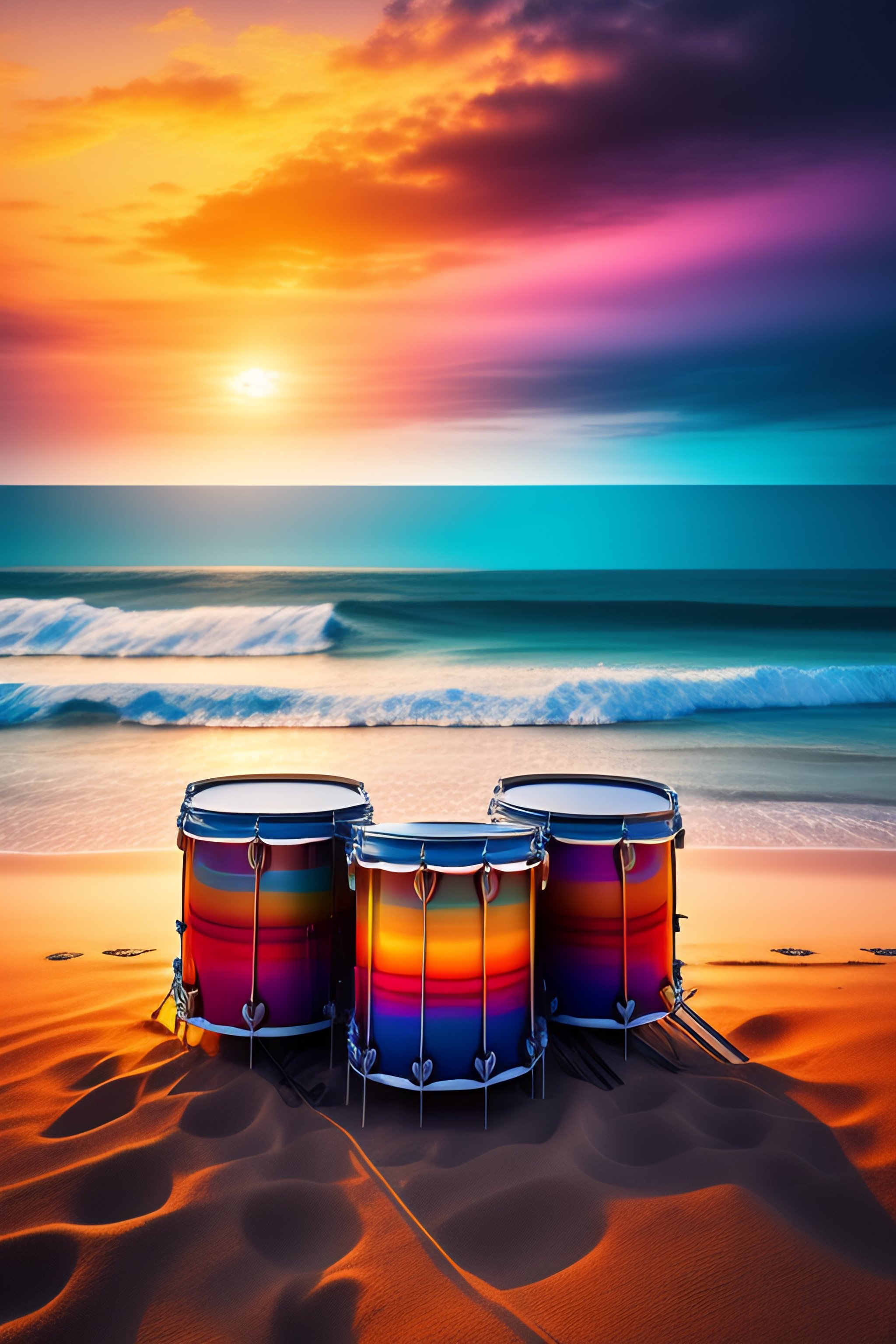 Lexica - Cool drum kit on a beach, rainbow sundown clouds, sand, waves, 8k