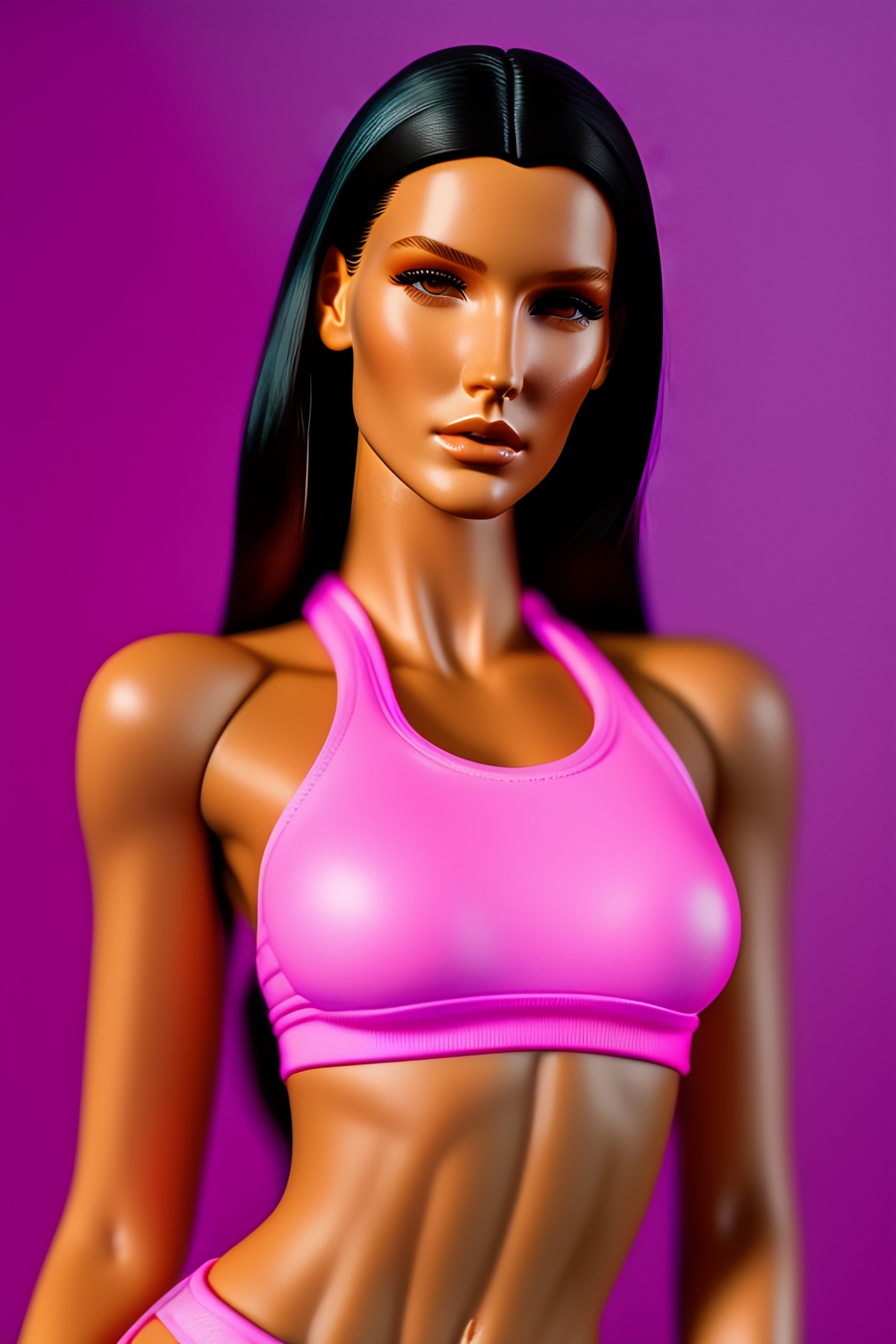 Lexica - Bella hadid plastic tight barbie doll body, pretty detailed face,  shorts and pink top, tight abs, realism, 1988 product photography, plain  b