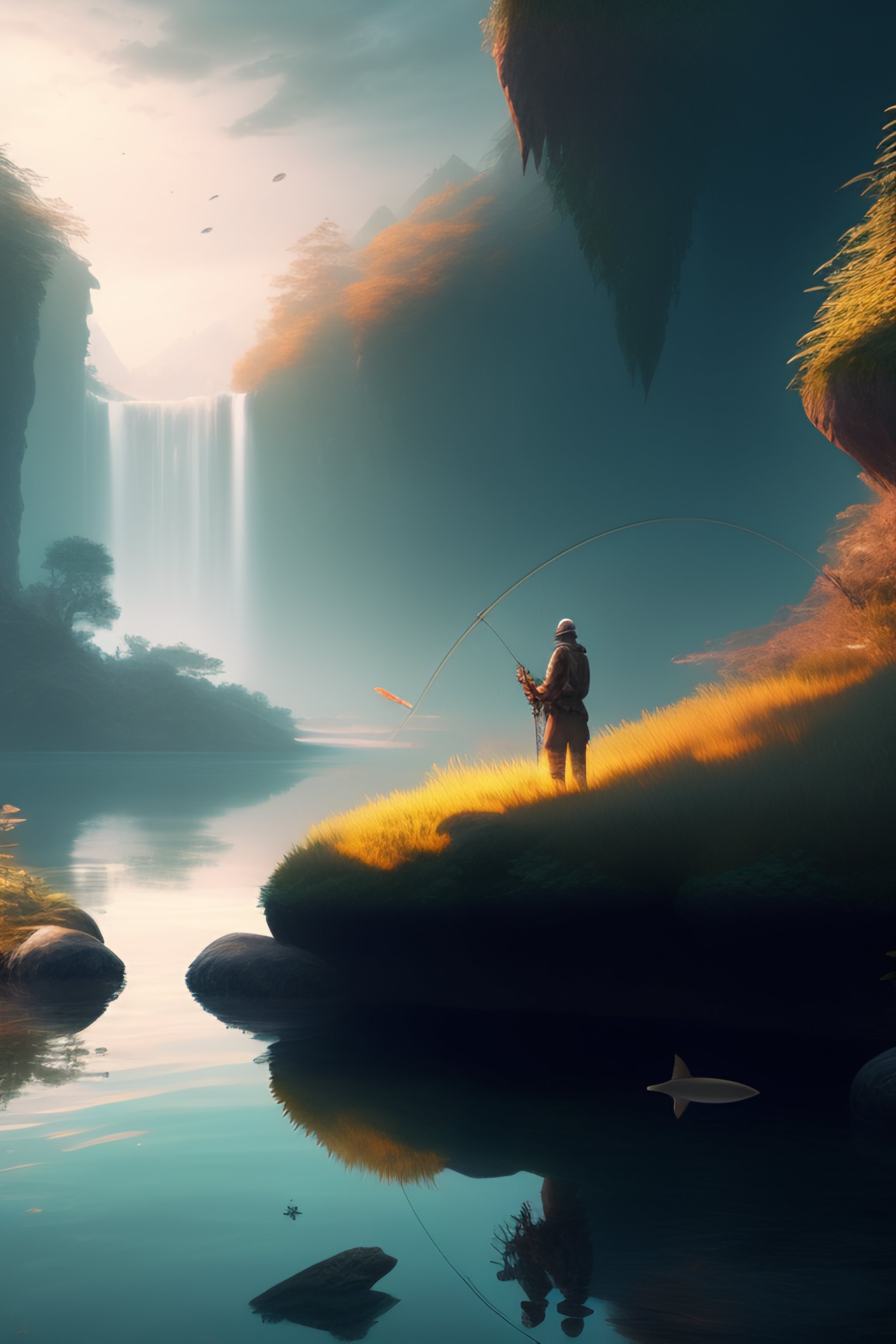 Lexica - Three friends in a fishing boat with fishing roads in a hidden  river full of fish, scare, environment art, fantasy art, landscape art, in  th