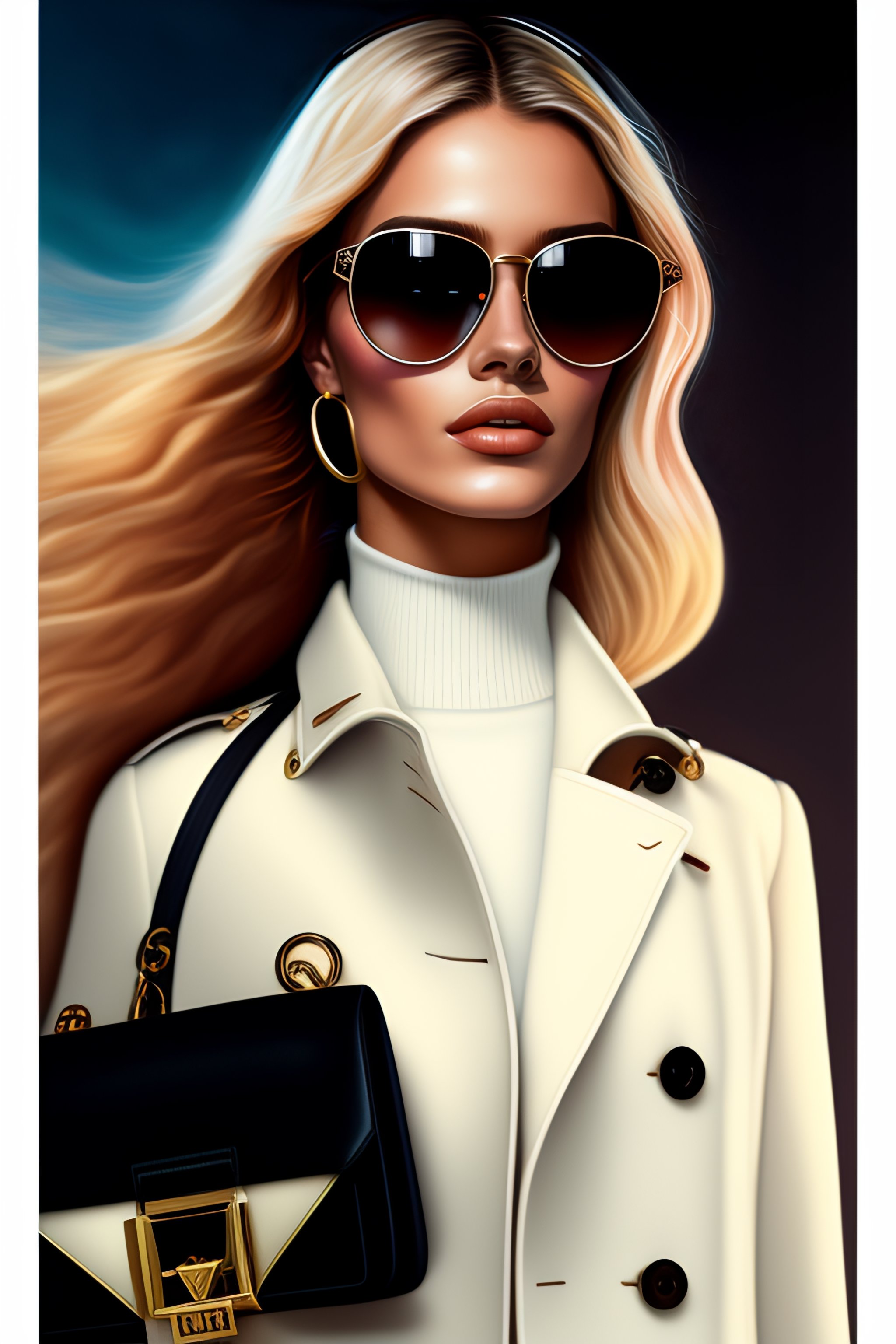 Lexica - Young blonde woman with square sunglasses wearing an open Burberry trench  coat, from the right shoulder hangs a Louis Vuitton Batignolles ha