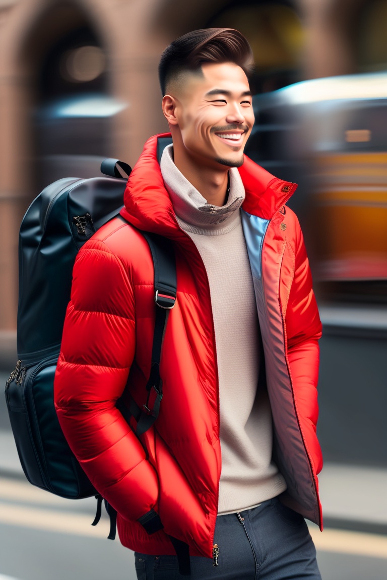 Lexica - A man in red jacket smiling, standing with bagpack in street ...