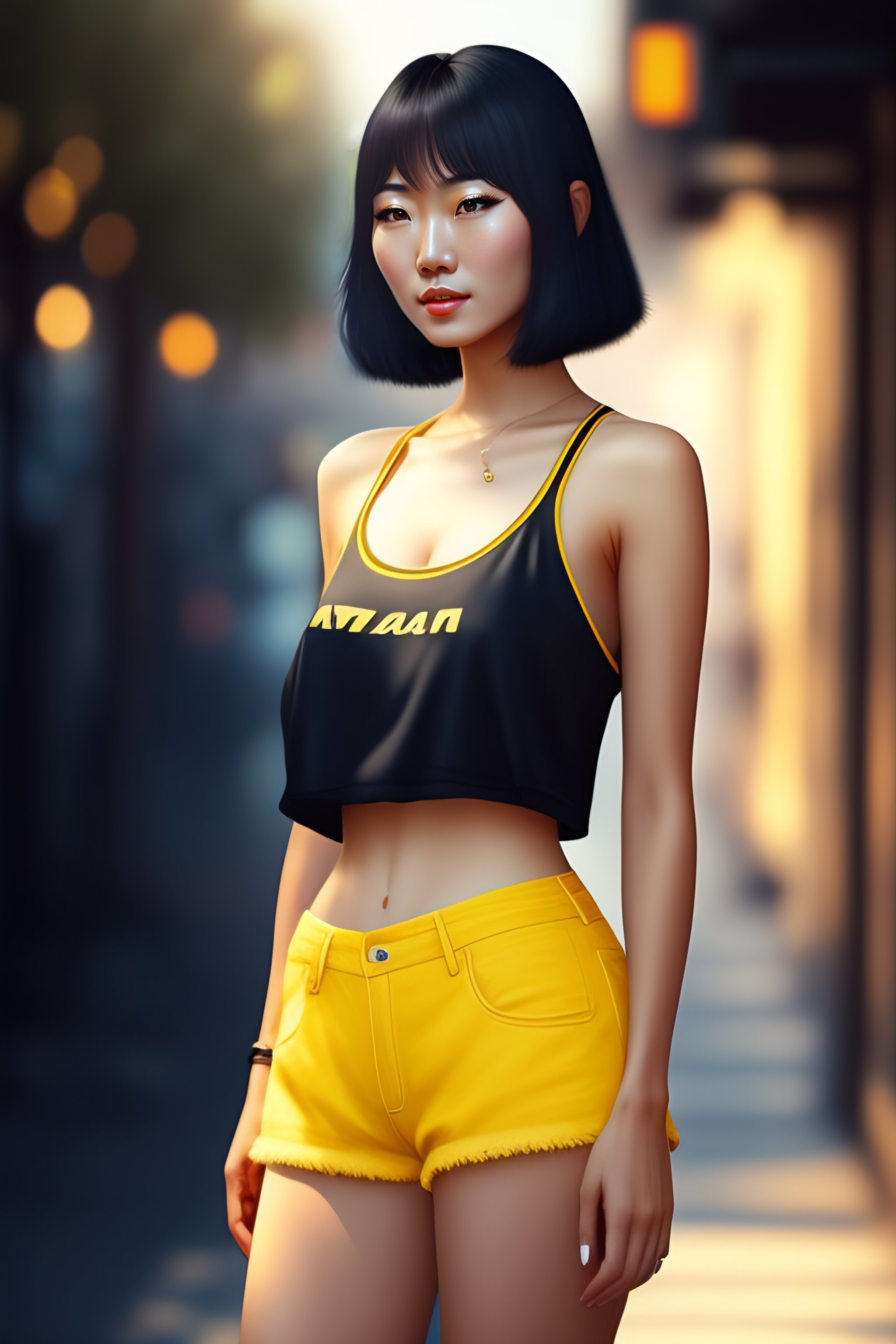 Lexica - A beautiful Japanese woman with short black hair, she's wearing a  yellow tank-top and blue jean shorts. She's holding a video camera. HD  dig
