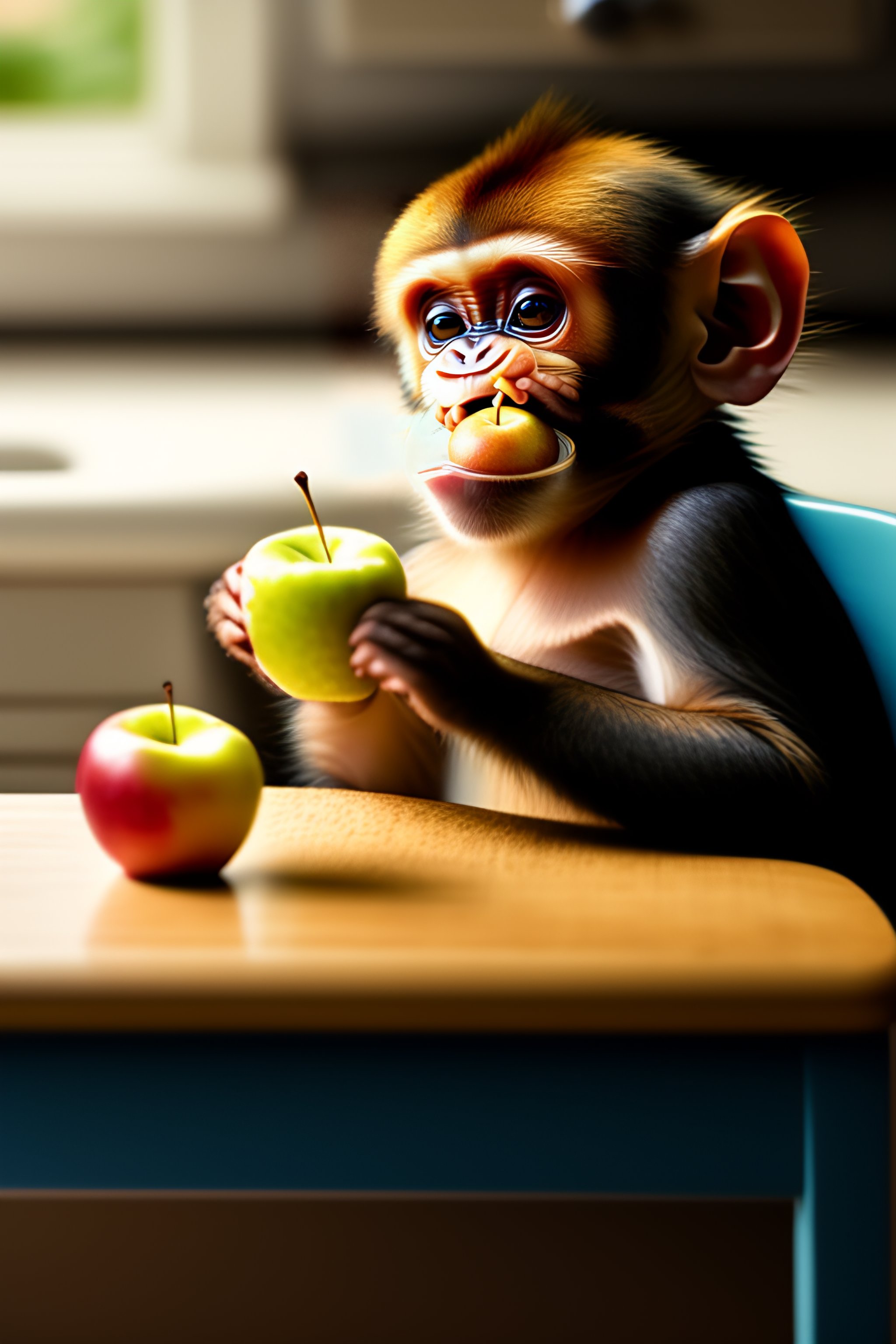 Lexica - Cute little monkey eating applesauce while sitting on a stool ...