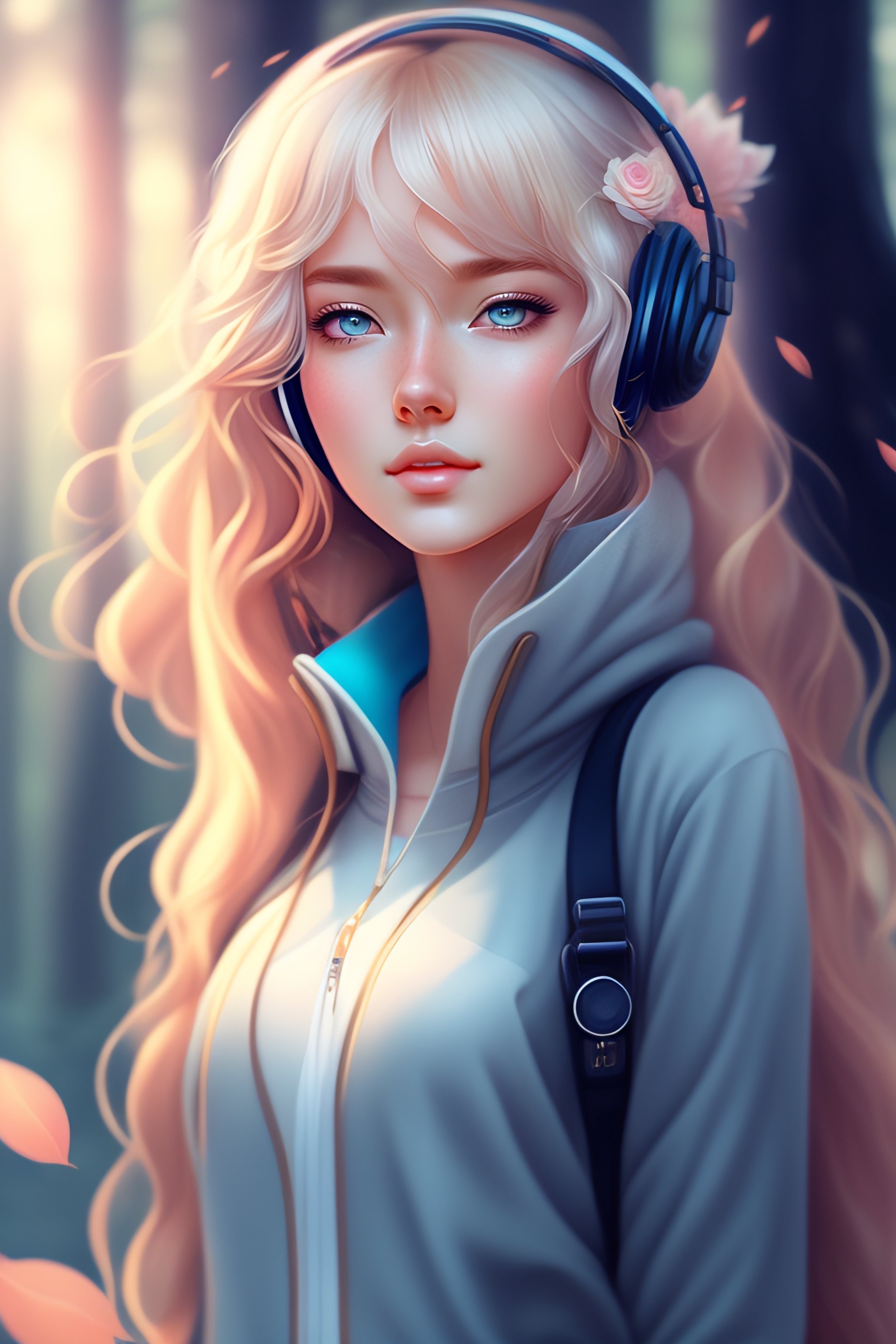 anime girl with blonde hair and blue eyes and headphones