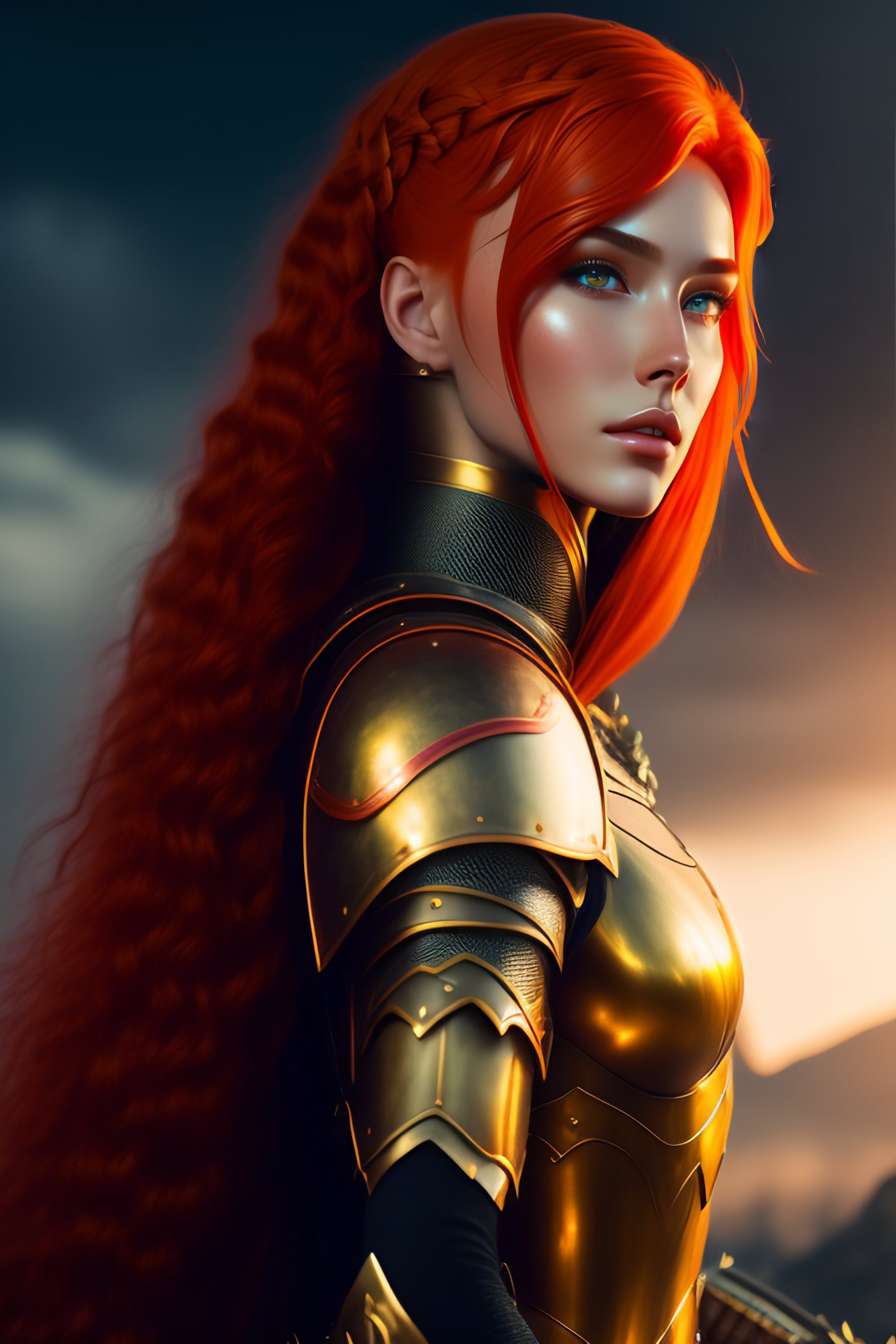 Lexica - Beautiful girl in armor. Ideal figure. Beautiful face. Red ...