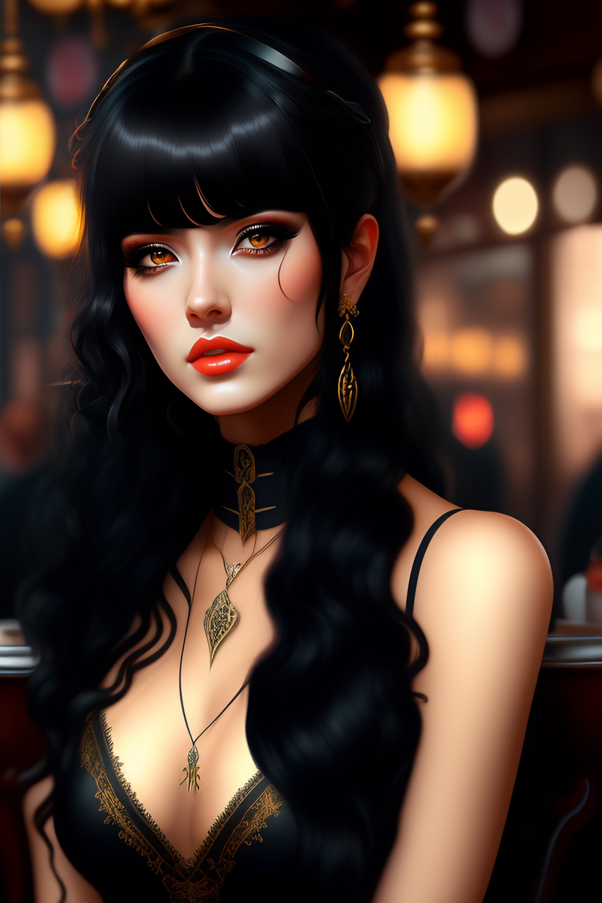 Lexica Gothic egirl, Fully body, Black hair, Bangs, In a cafe, High