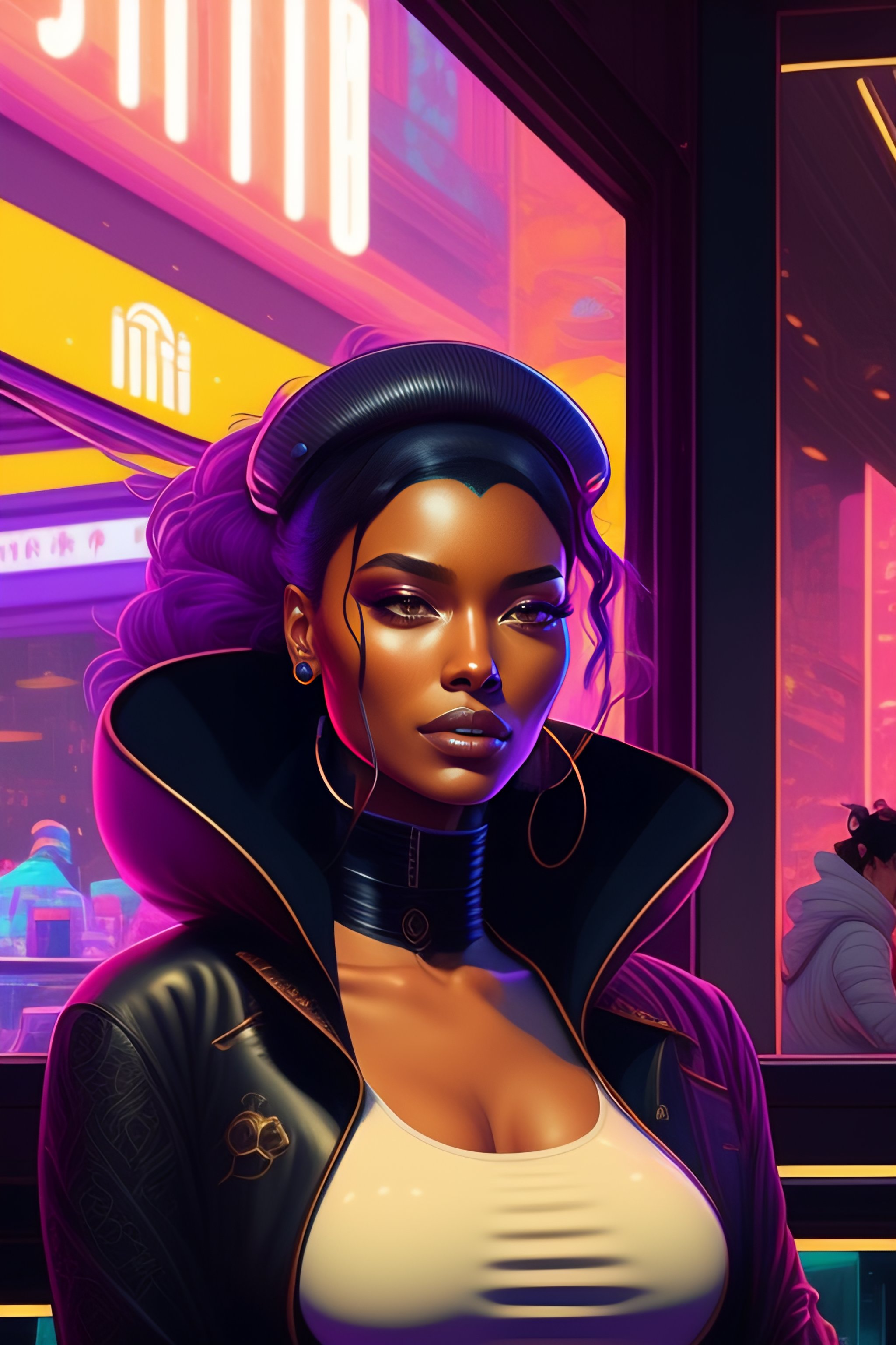 Lexica - Ablack woman sitting at a cafe looking happy, cyberpunk, by ...