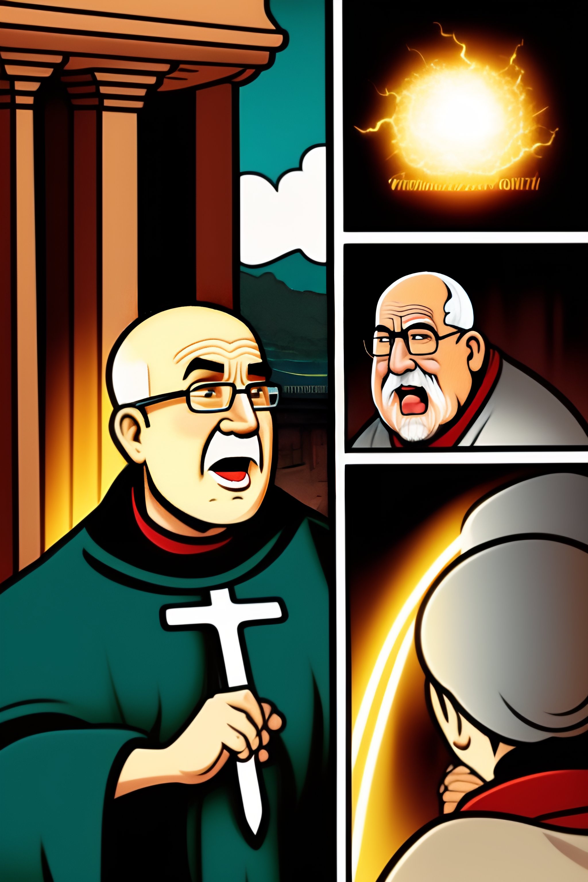Lexica - Multipanel Cartoon Comic of catholic Monk being hit by ...
