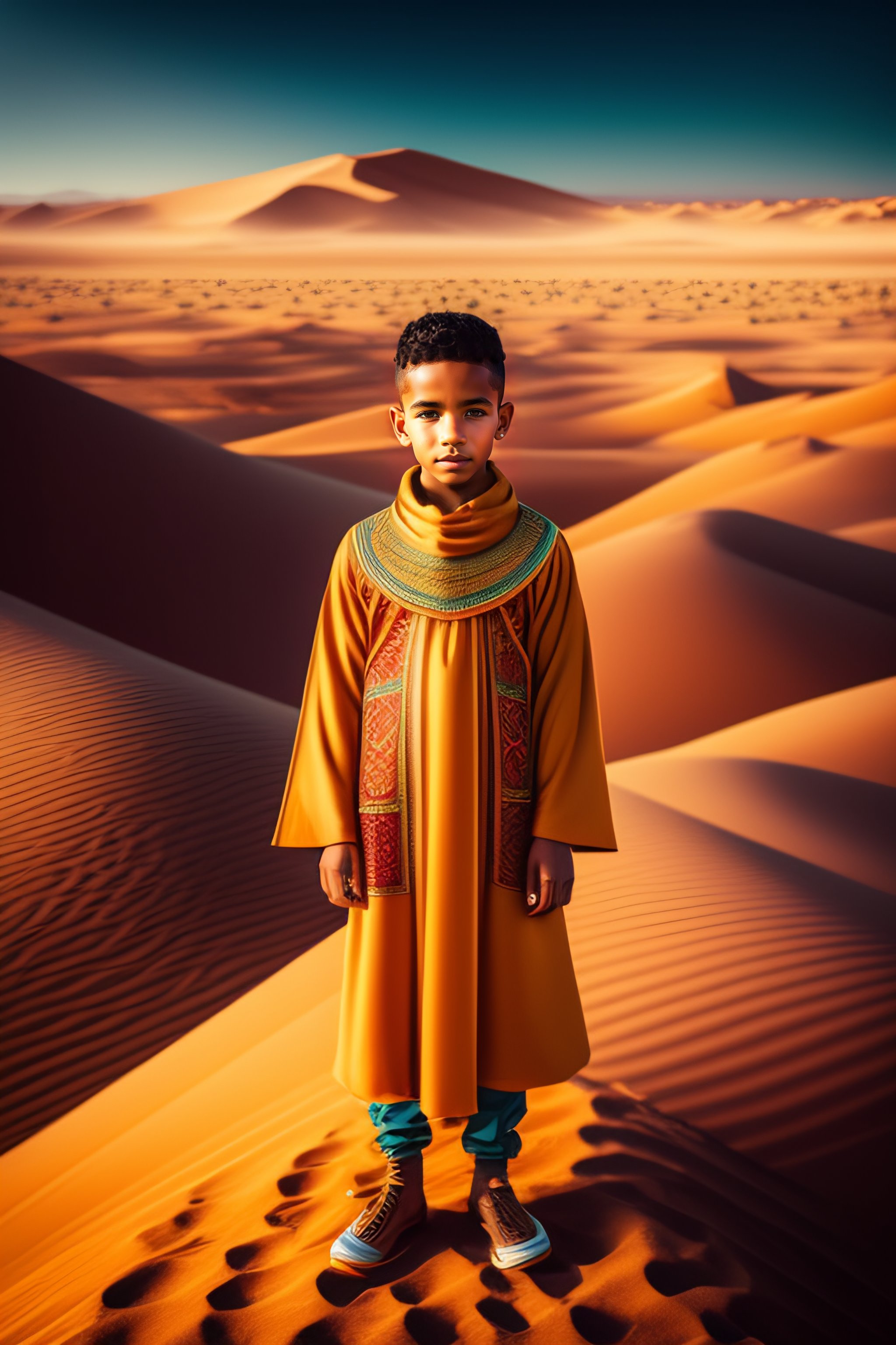 Lexica - Futuristic, young boy wear moroccan clothes and futuristic man  with desert scarf run, desert landscape cinematic