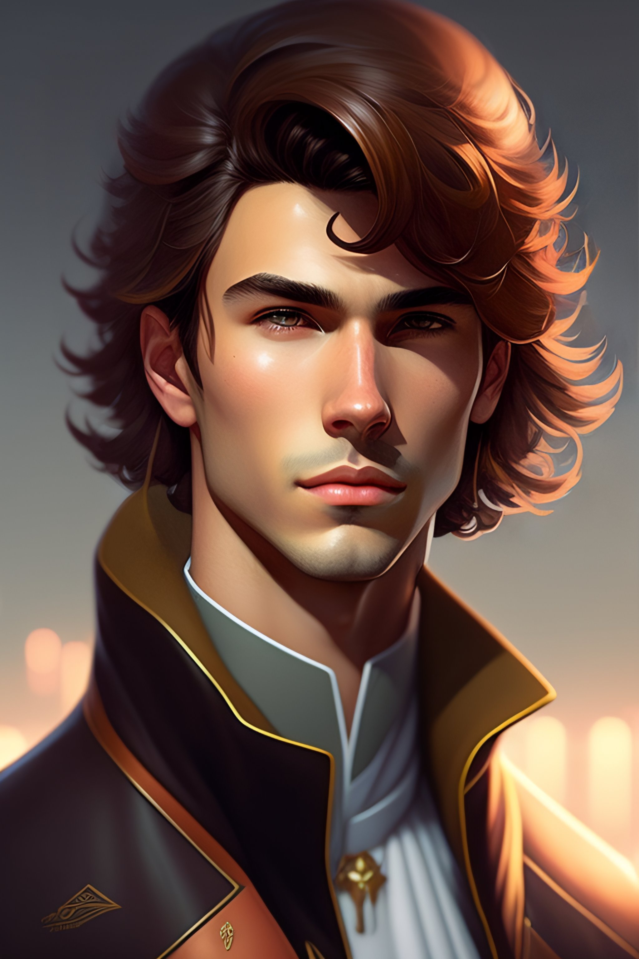 Lexica - Potrait bust of young man archer length light brown hair and hazel  eyes, beautiful, symmetrical, anime, ilya kuvshinov, greg rutkowski, guwe...