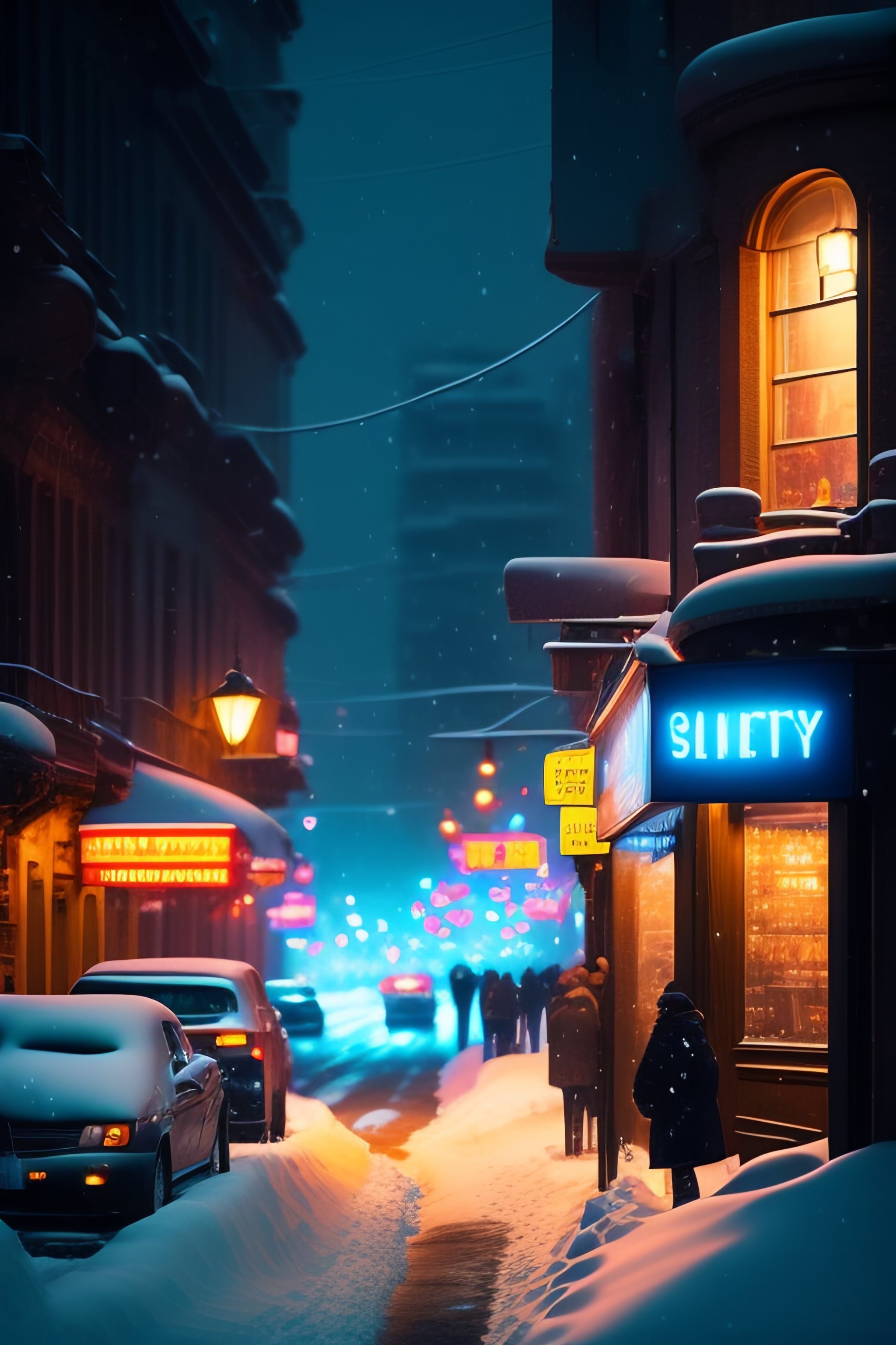 Lexica Snowy city street at night with busy corner bar