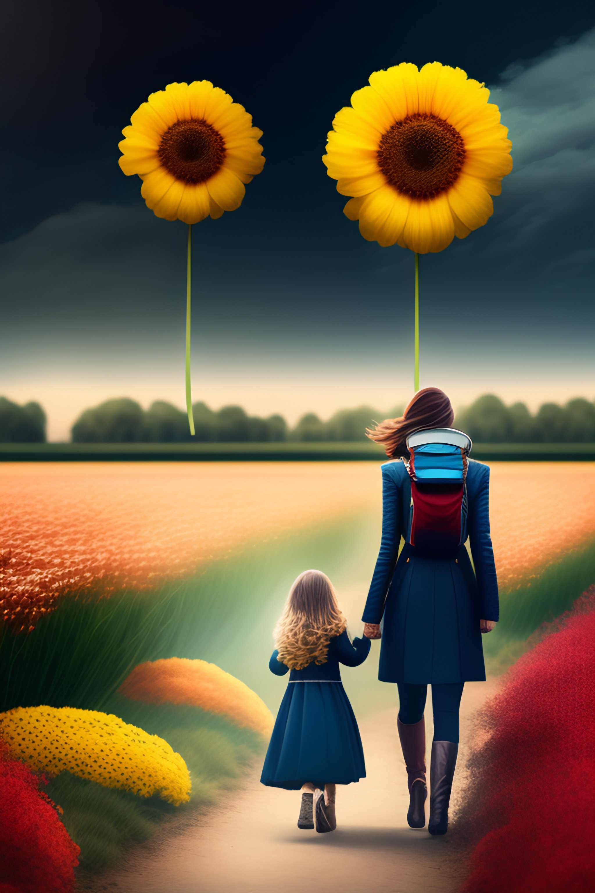 Lexica - A field full of flowers and a mother walking with her child ...