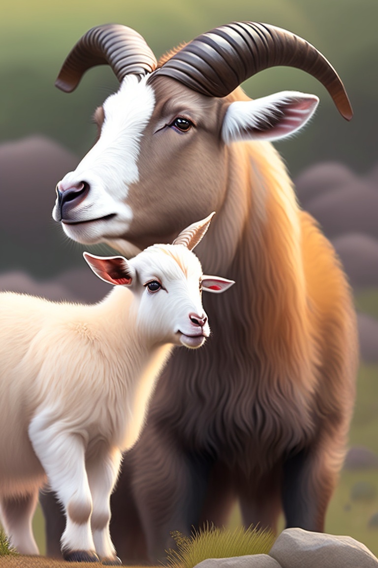 Lexica - Generates a realistic and cute image of two goats, one is a ...