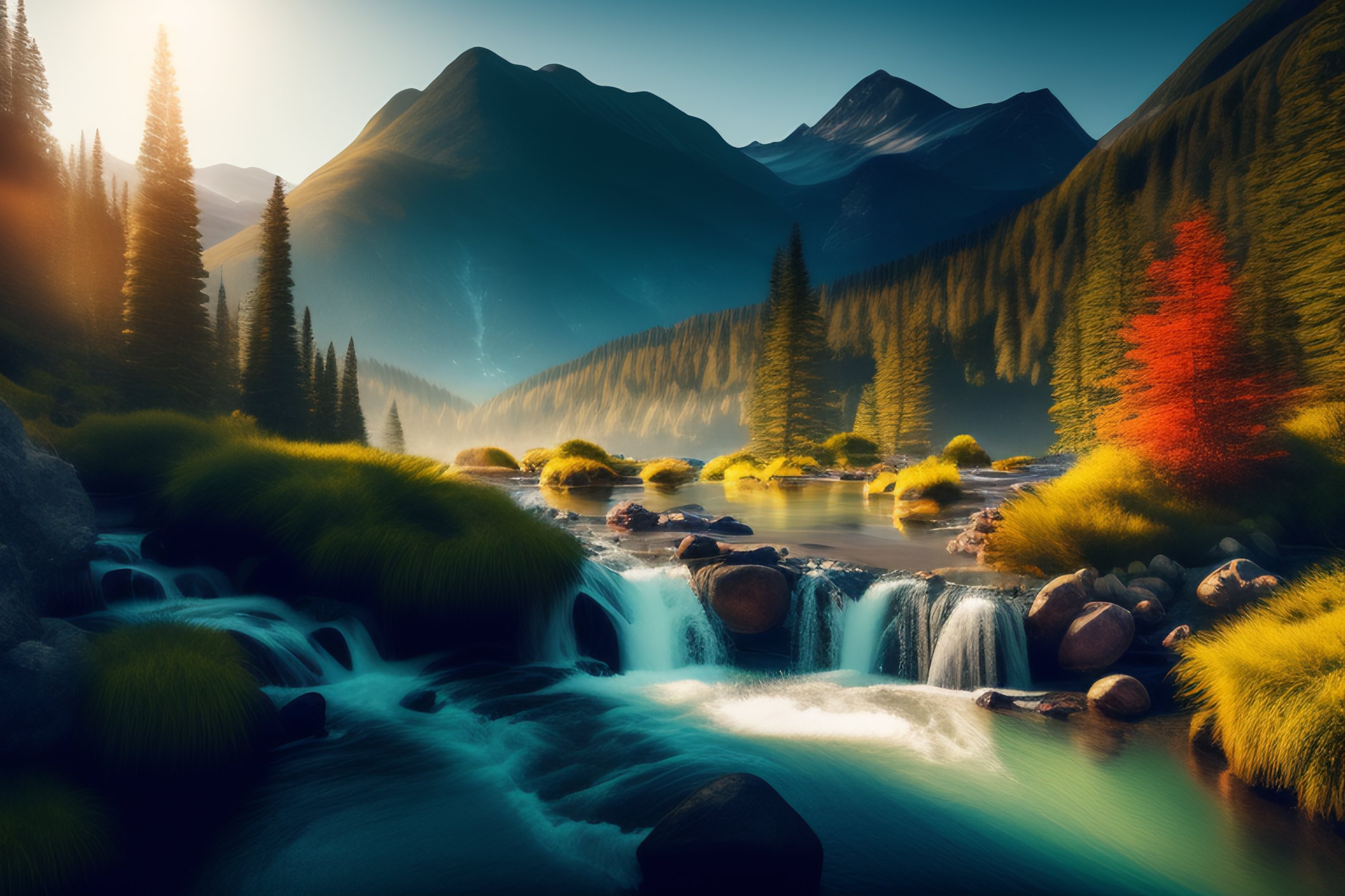 Lexica - Stream running through a mountain valley, hyper realistic, 4k ...