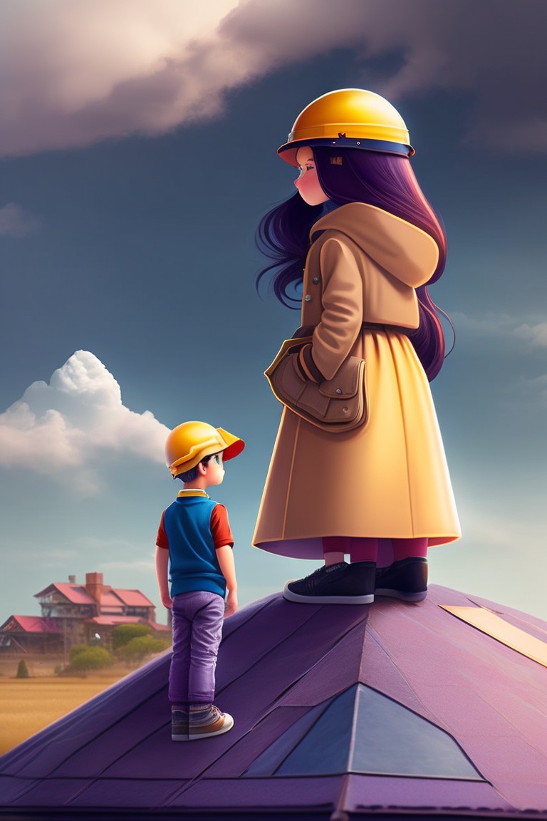 Lexica - A girl stand on 1st house's roof and staring a boy who stands ...