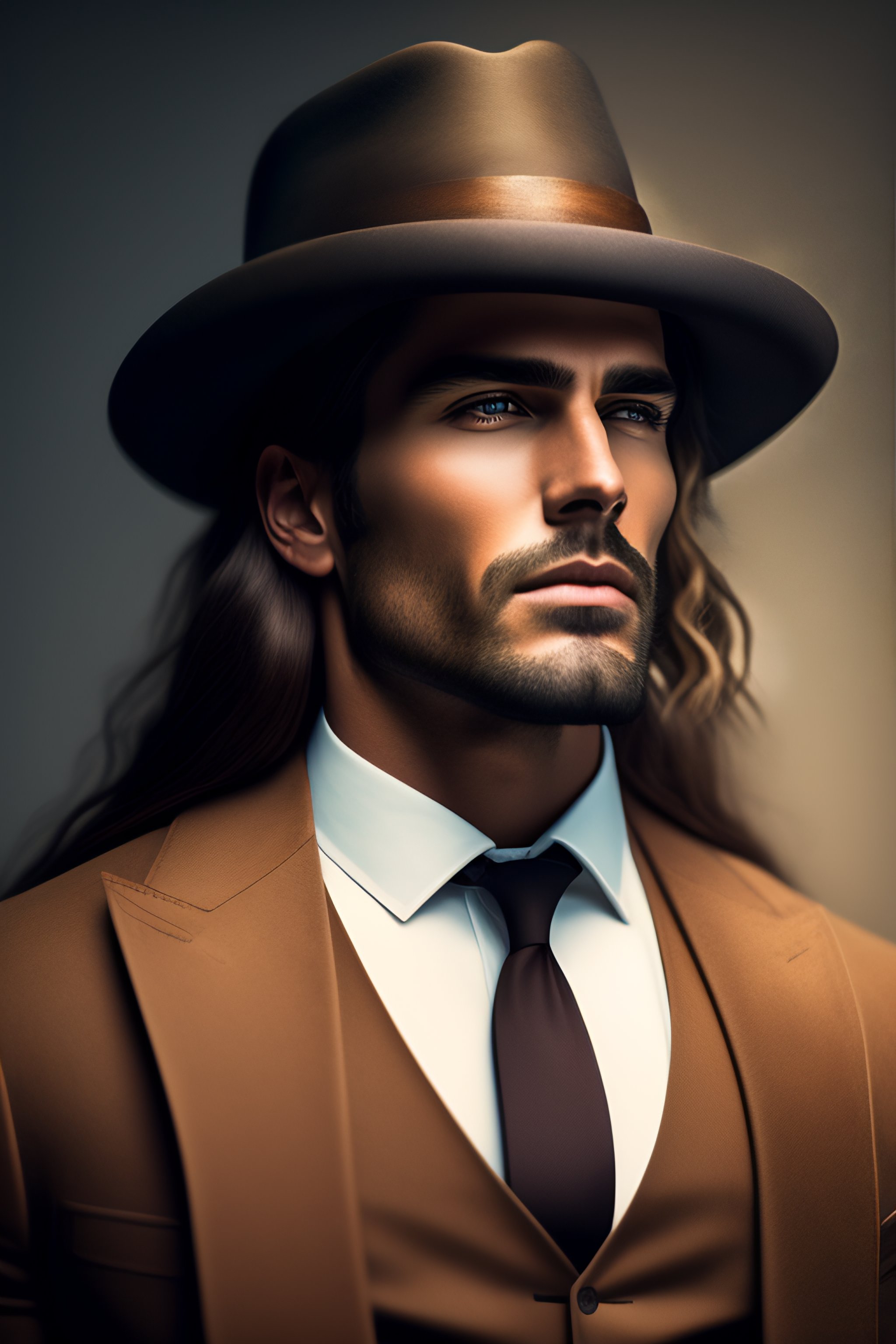 Lexica - Man with long hair in suit and hat, highly detailed, realistic ...
