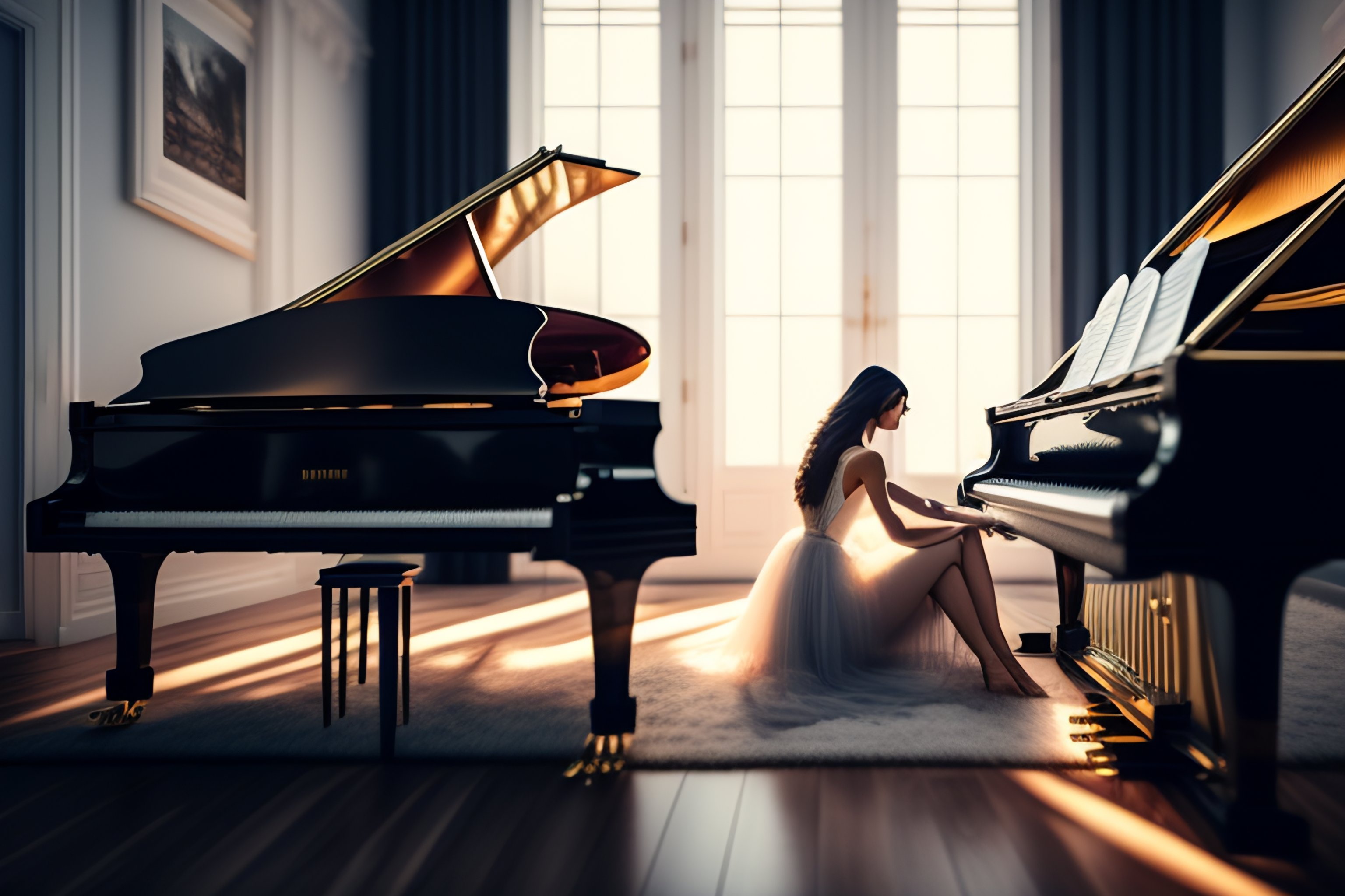 Lexica The most beautiful elegant woman playing piano, wearing jeans