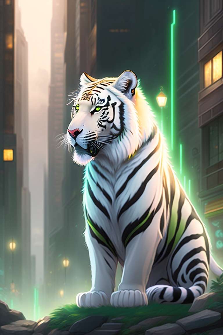 Lexica - Anime art, a brutal white tiger with black hair and green eyes,  who controls a green fire, cold lighting, location of the night city, anime  ...