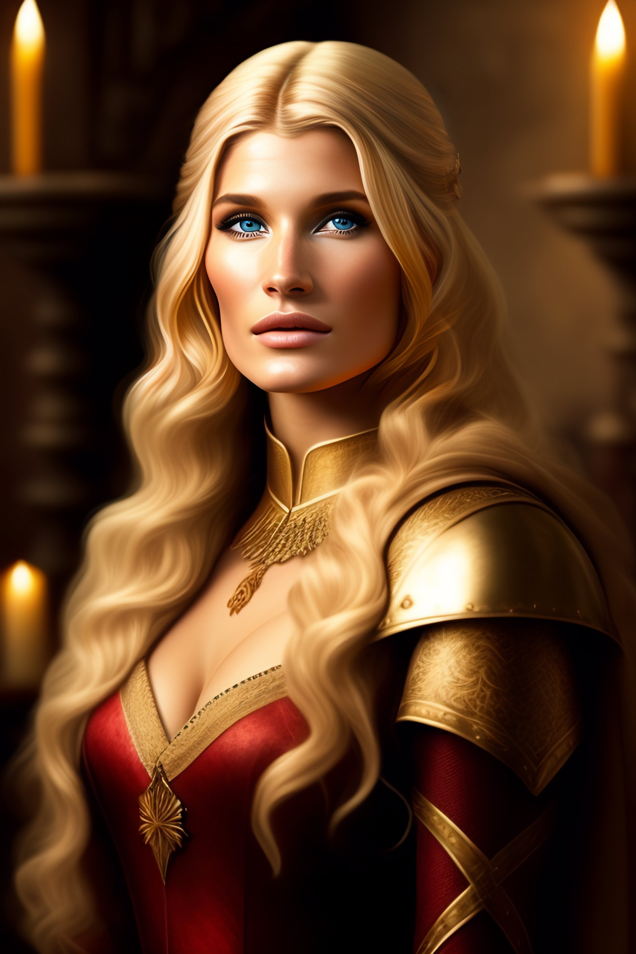 Lexica - High elf beautiful blonde female portrait looks like Gemma Arterton  sitting in the middle of a tavern