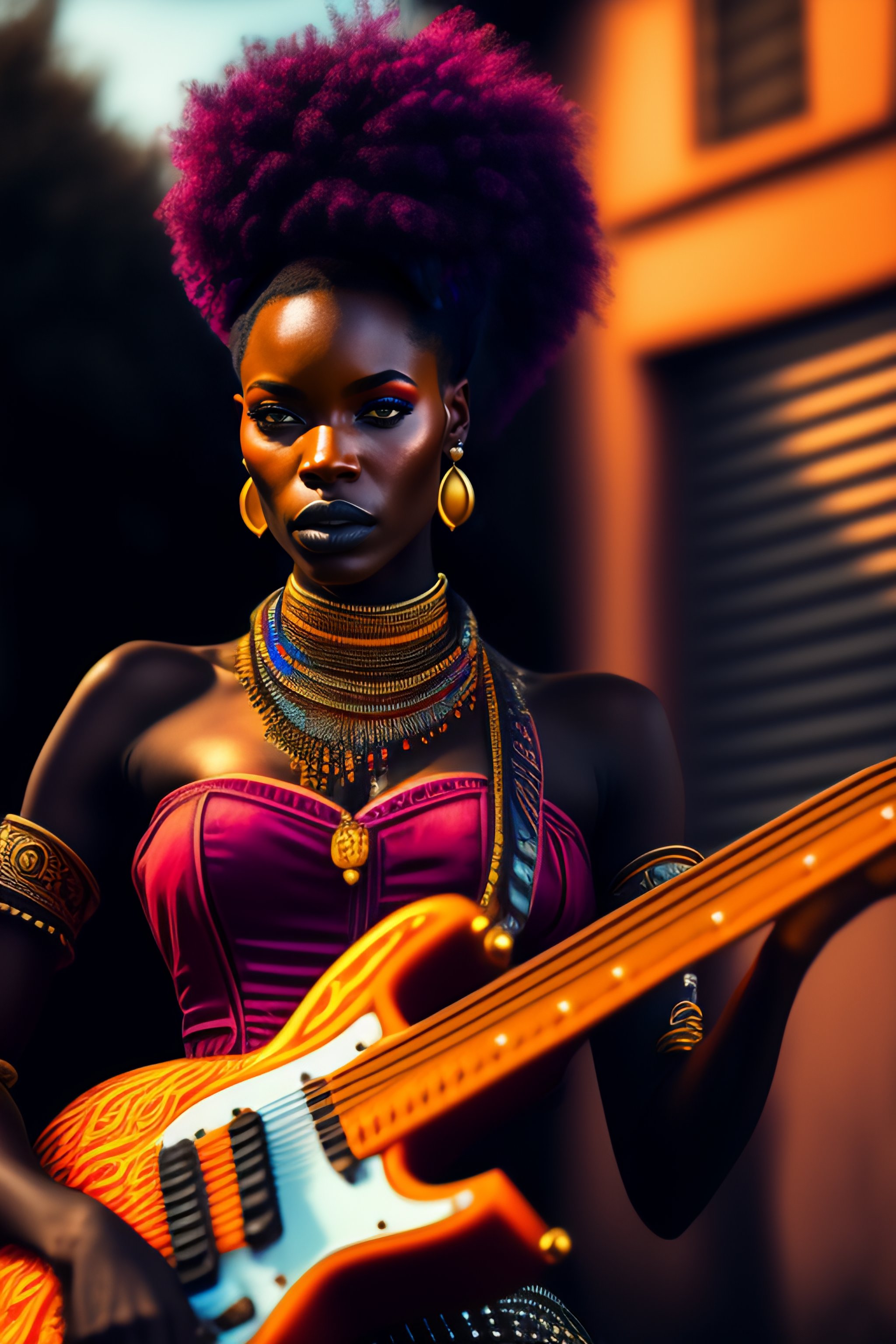 Lexica - A portrait of a punk African woman with guitar, in a street ...