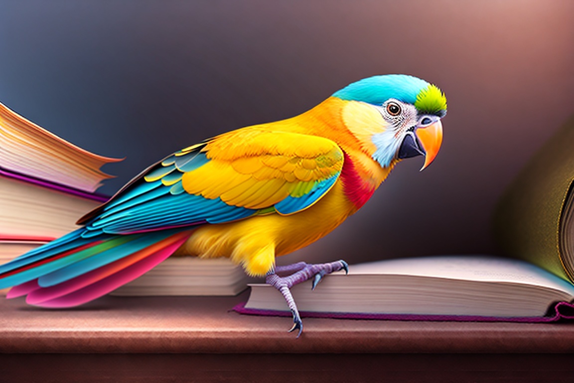 Lexica - Parrot reading book on sofa, learning and knowladge concept