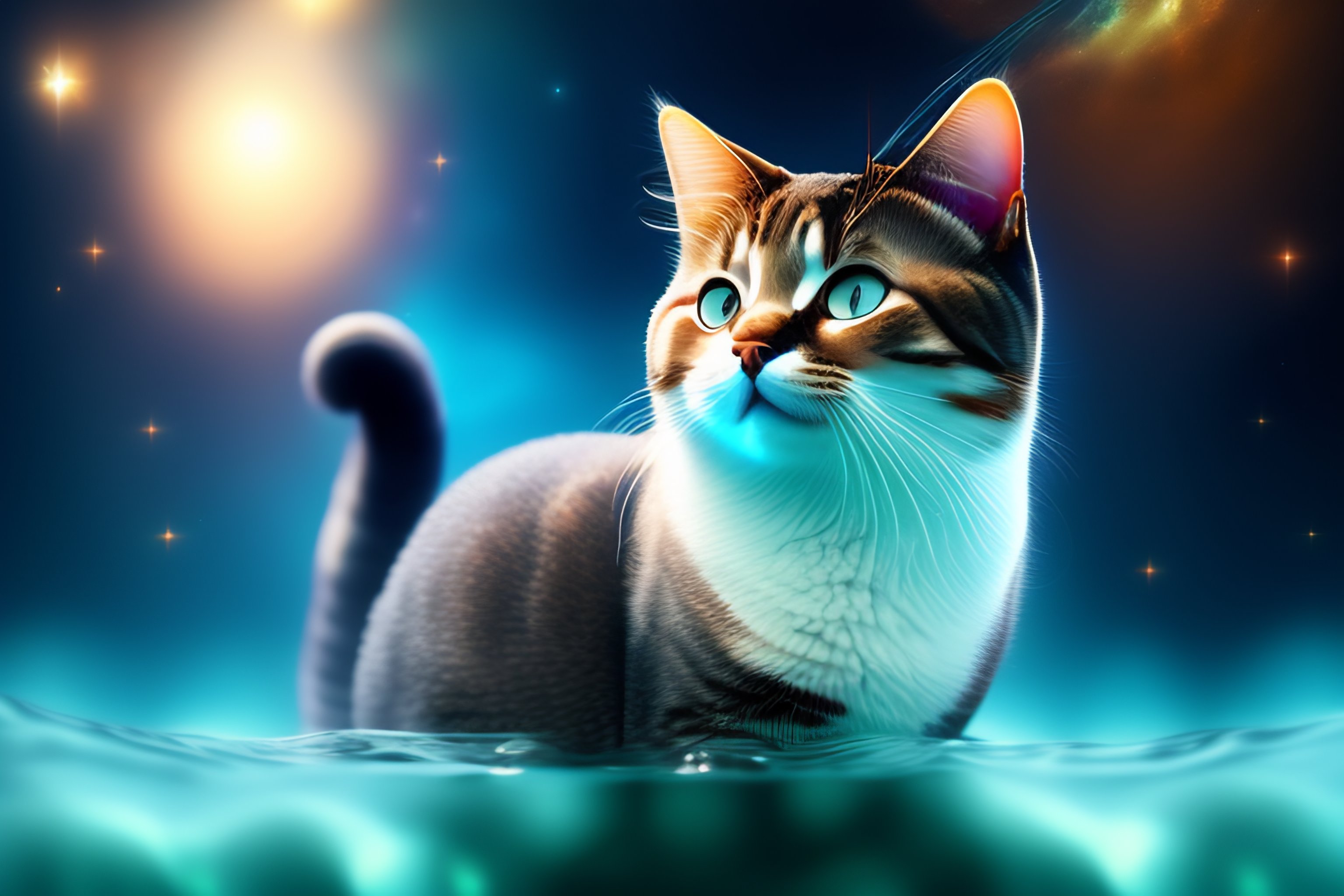 Lexica Super cute cat underwater with space costume, water
