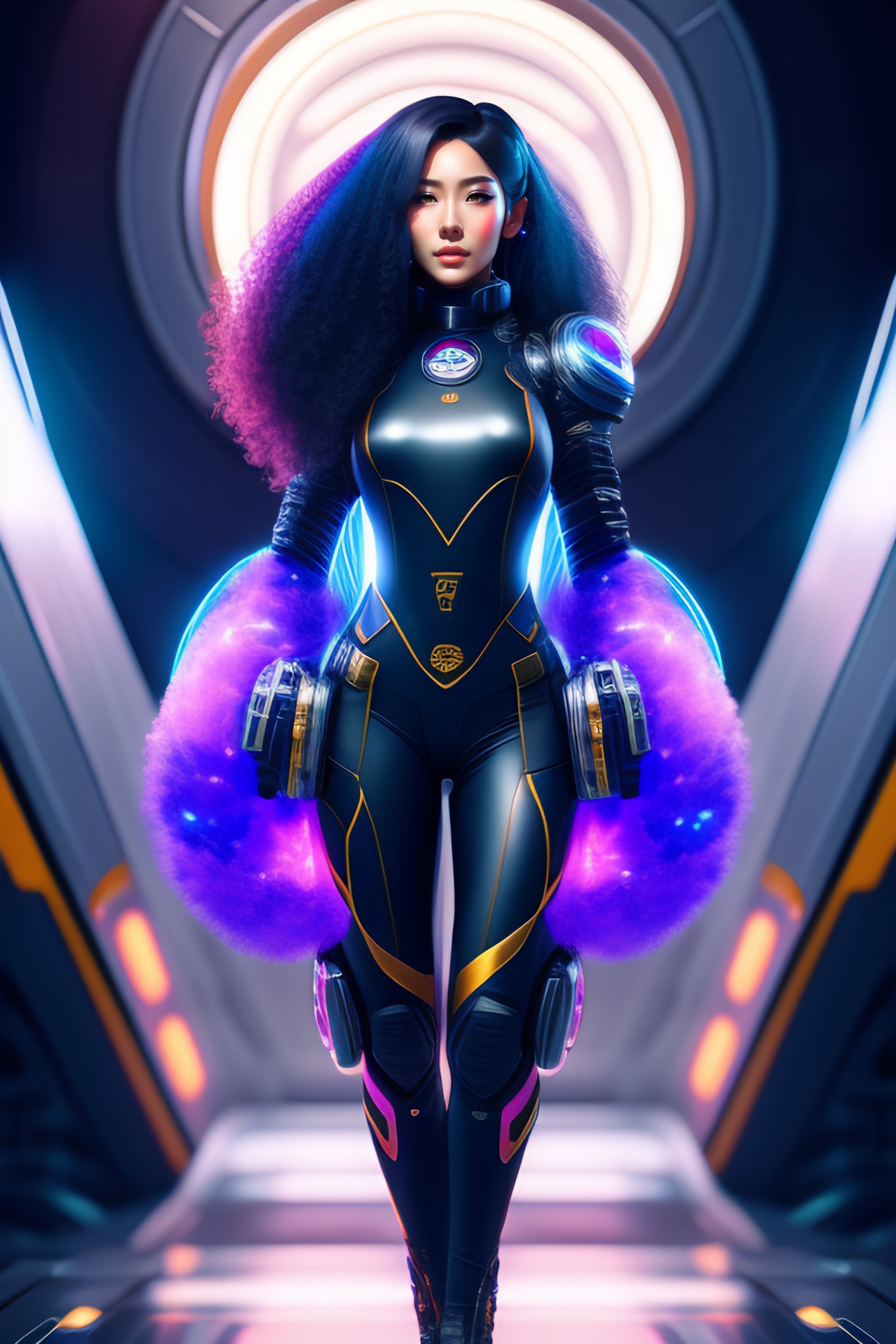 Lexica - Realistic sci-fi anime female with cosmic hair in a space station,  full body pose, intricate detail, digital portrait by Ntamak, artstation