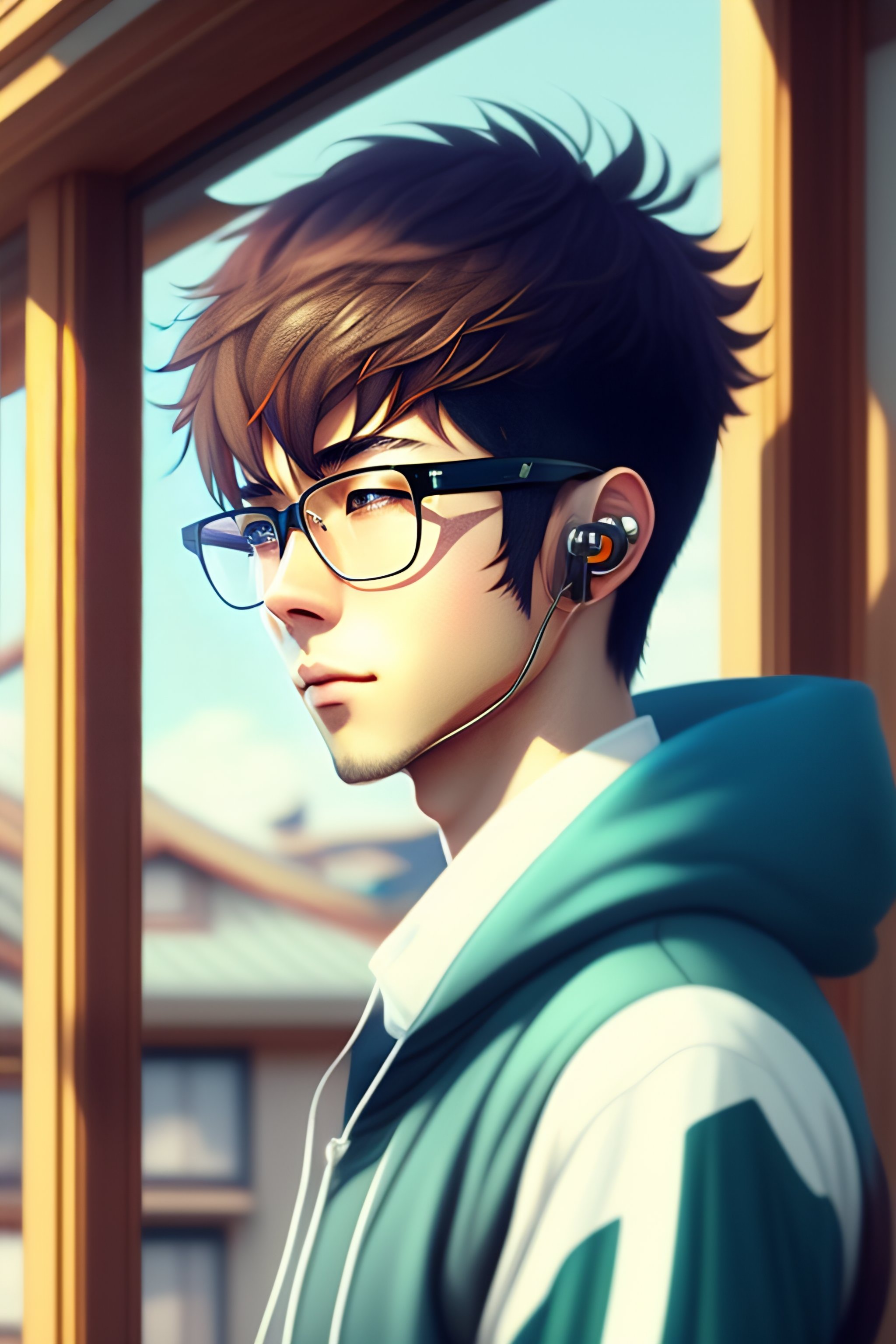 Lexica - Skinny Anime boy, glasses, listening to music with headphone in  roof of house in rural Japaneses city